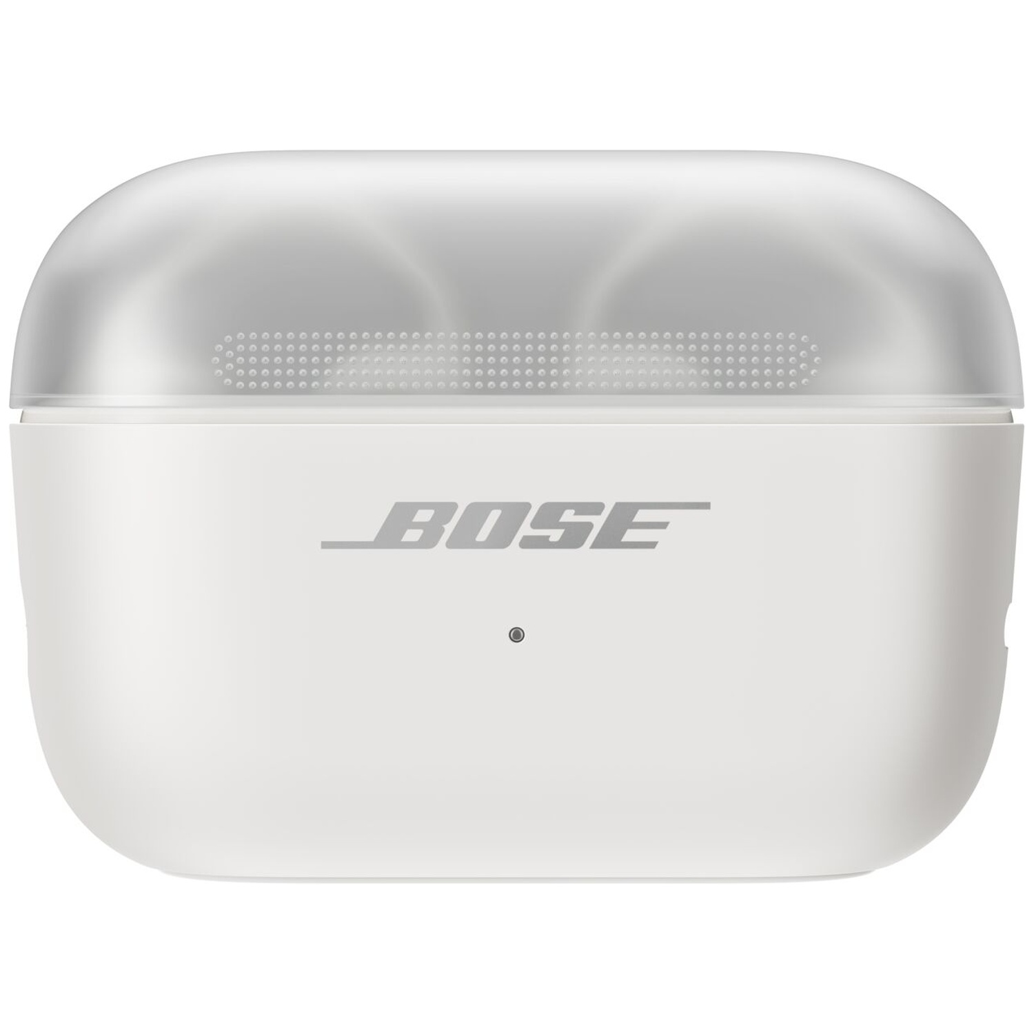 Boîtier de charge blanc pour écouteurs Bose avec logo gris et LED d'état sur fond uni.