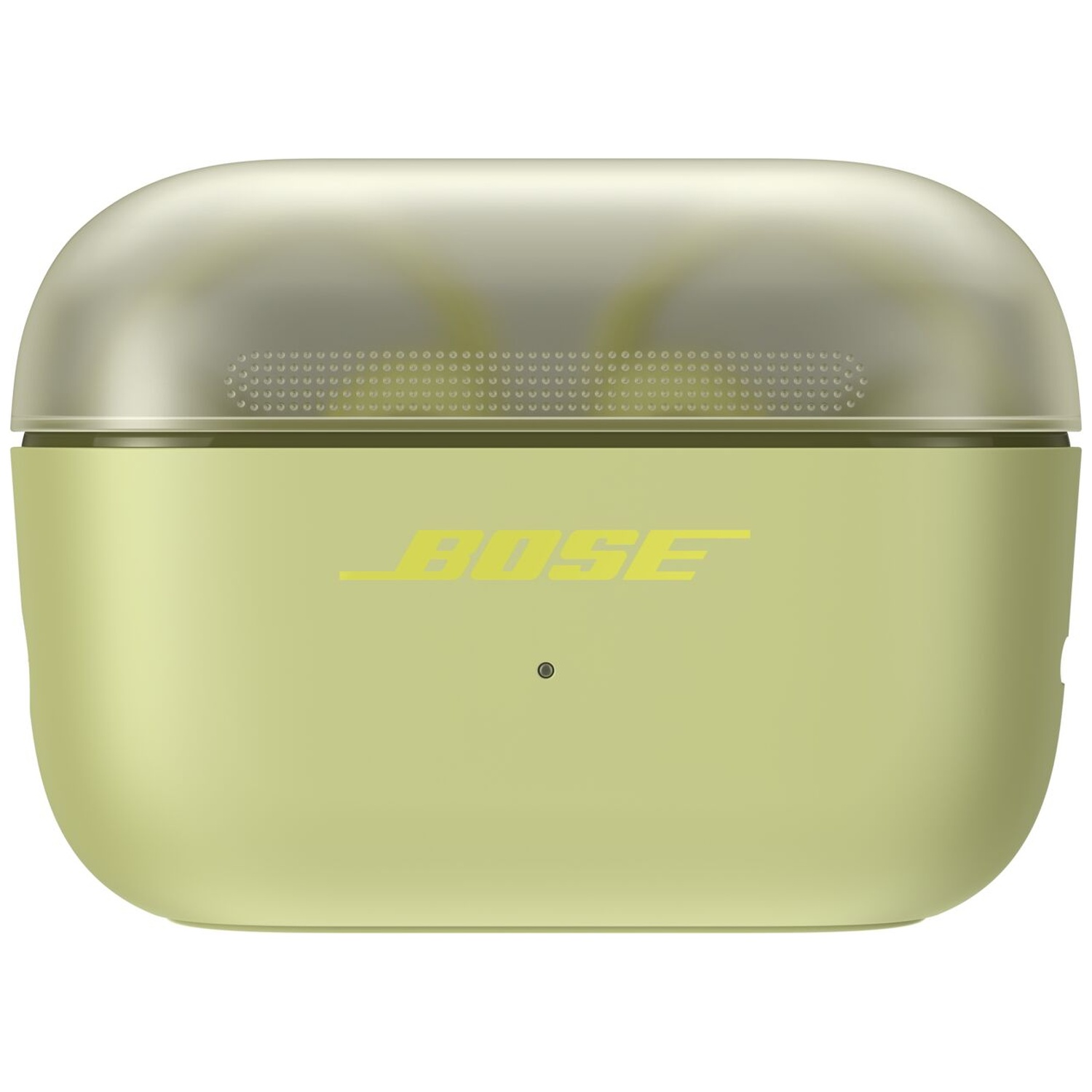 Un boîtier de charge pour écouteurs sans fil Bose vert clair avec un point d'état noir et un couvercle translucide.