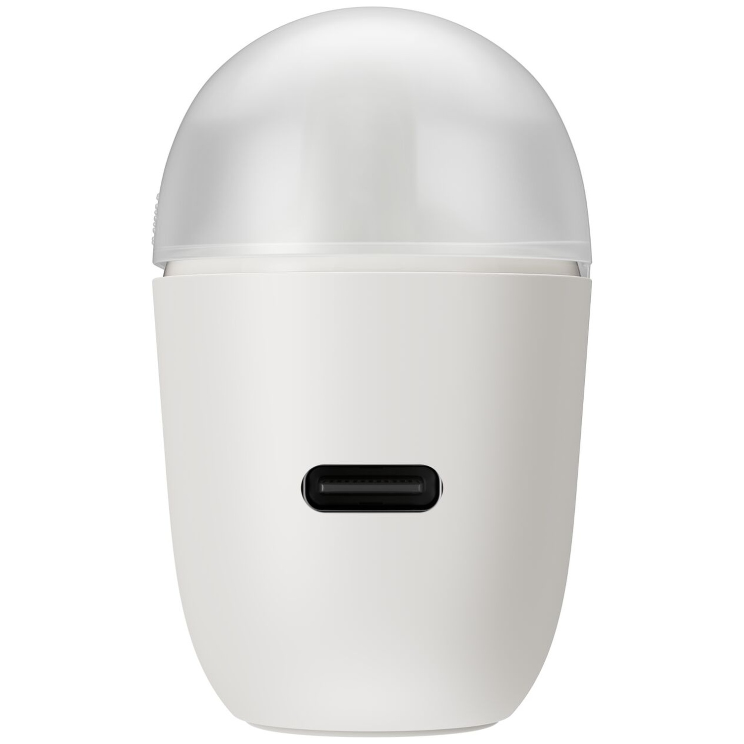 Un appareil blanc en forme d'œuf avec un capuchon transparent hémisphérique et un port USB-C à l'avant.