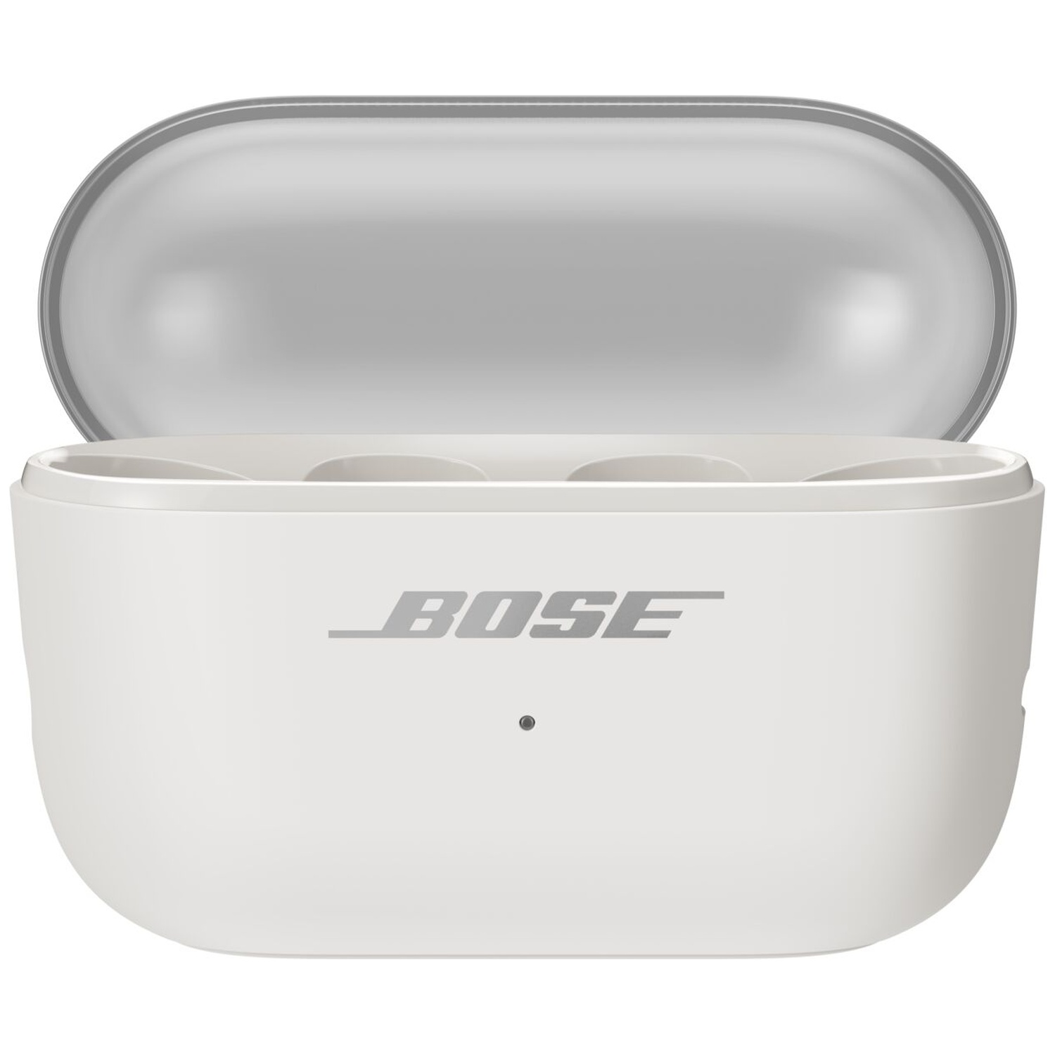 Boîtier de charge Bose blanc ouvert avec le logo Bose et un petit voyant LED sur le devant.