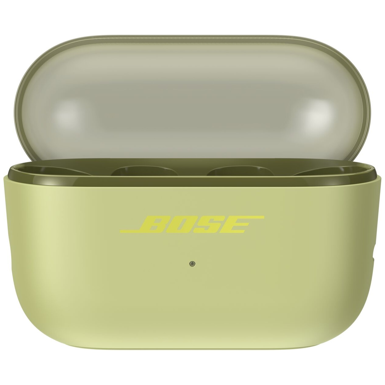 Boîtier de charge Bose ouvert, vert olive, avec le logo et un témoin lumineux.