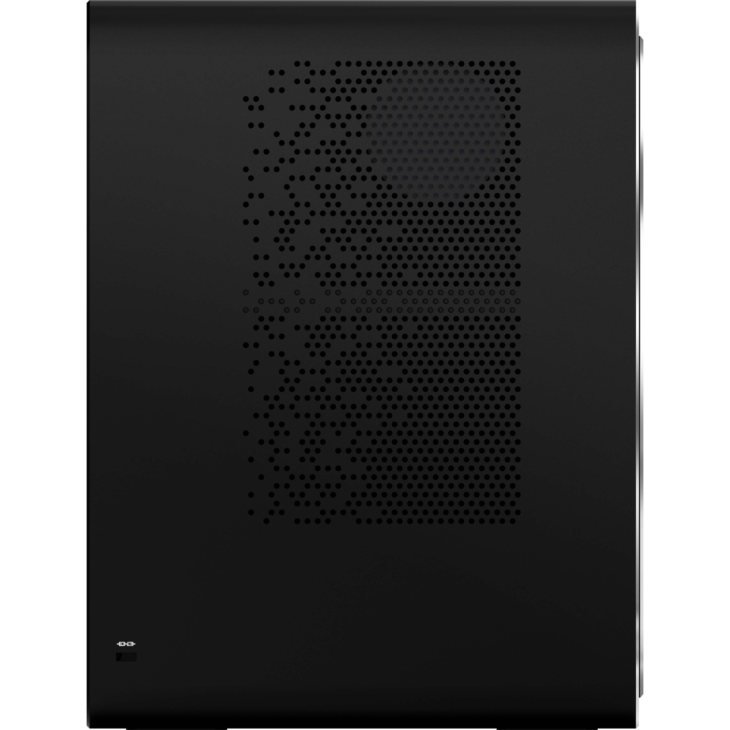 Black computer case with a perforated ventilation grille in the center and a small symbol in the bottom left.