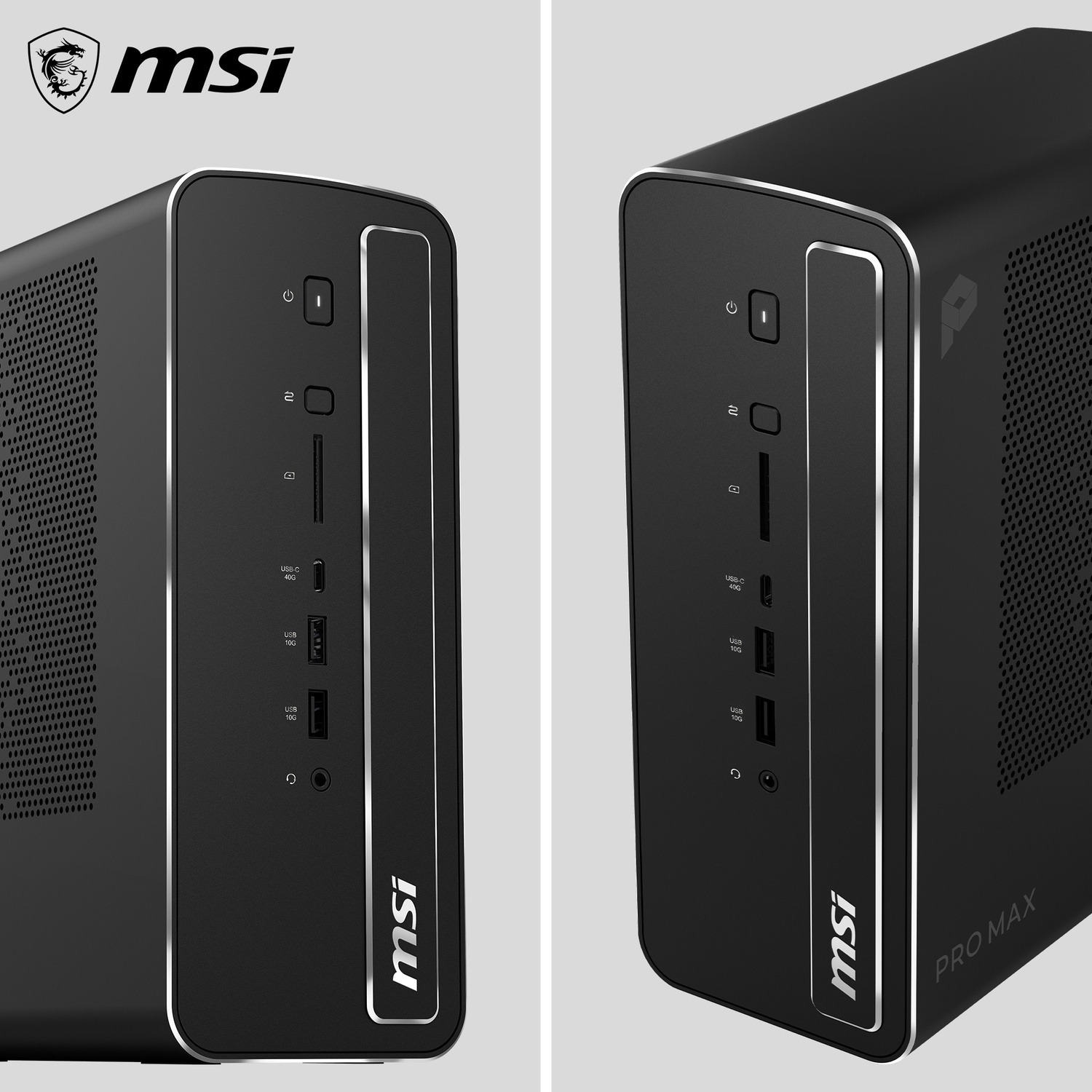 Two views of a black MSI desktop PC featuring vertical front ports and the MSI logo.