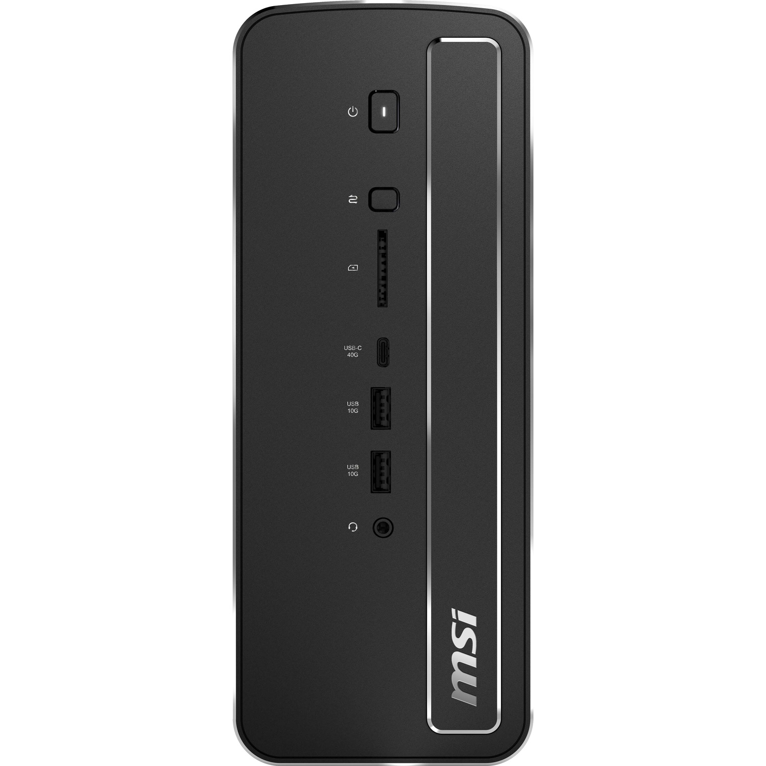 Front view of a black MSI desktop PC with vertical ports and the MSI logo at the bottom right.