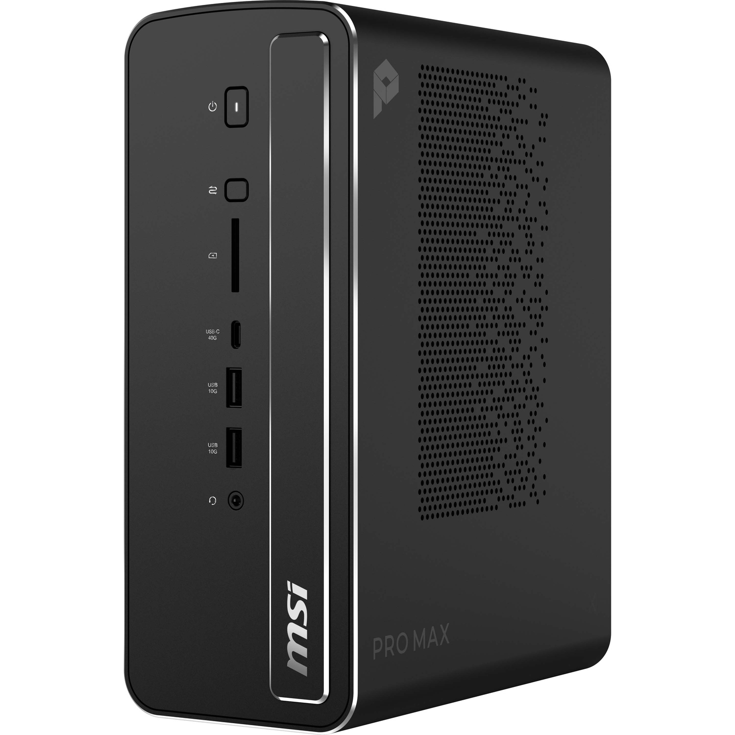 A black MSI Pro Max desktop computer tower with front ports, power button, and a perforated side panel.