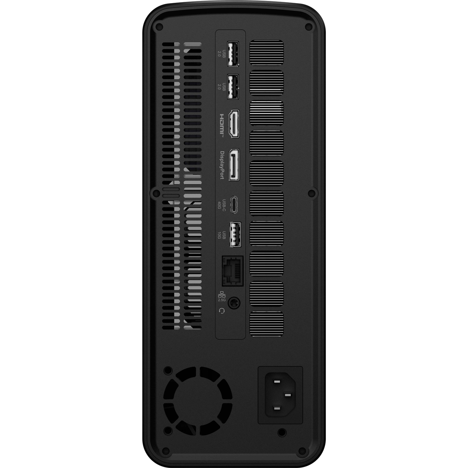 Rear view of a black computer case showing various ports, ventilation grilles, and a power socket.