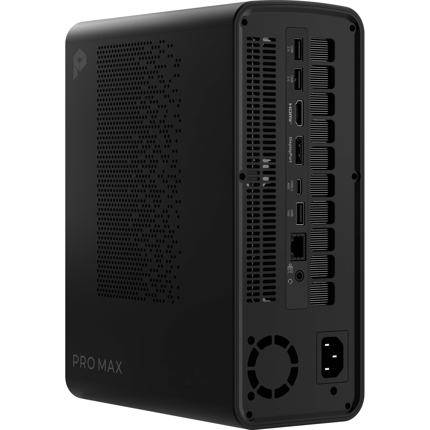 Black Pro Max computer case showing various ports and ventilation slots on the back panel.