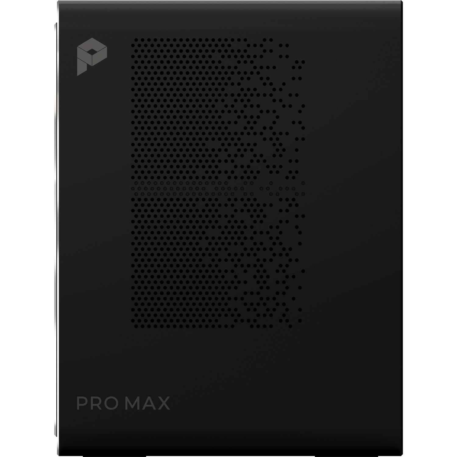 A black Pro Max storage device featuring a perforated ventilation grille on the front and a logo.