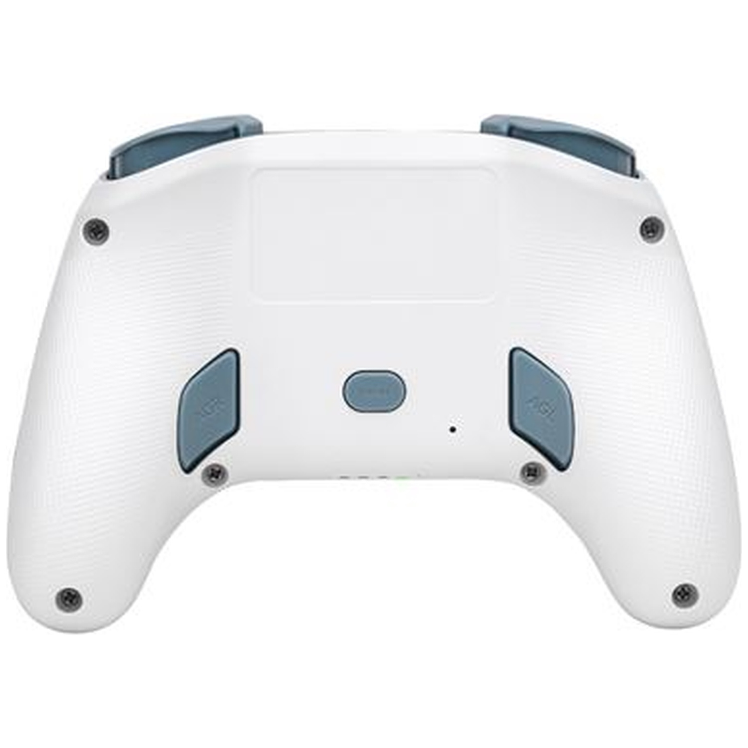 Rear view of a white game controller with blue buttons and textured grips.