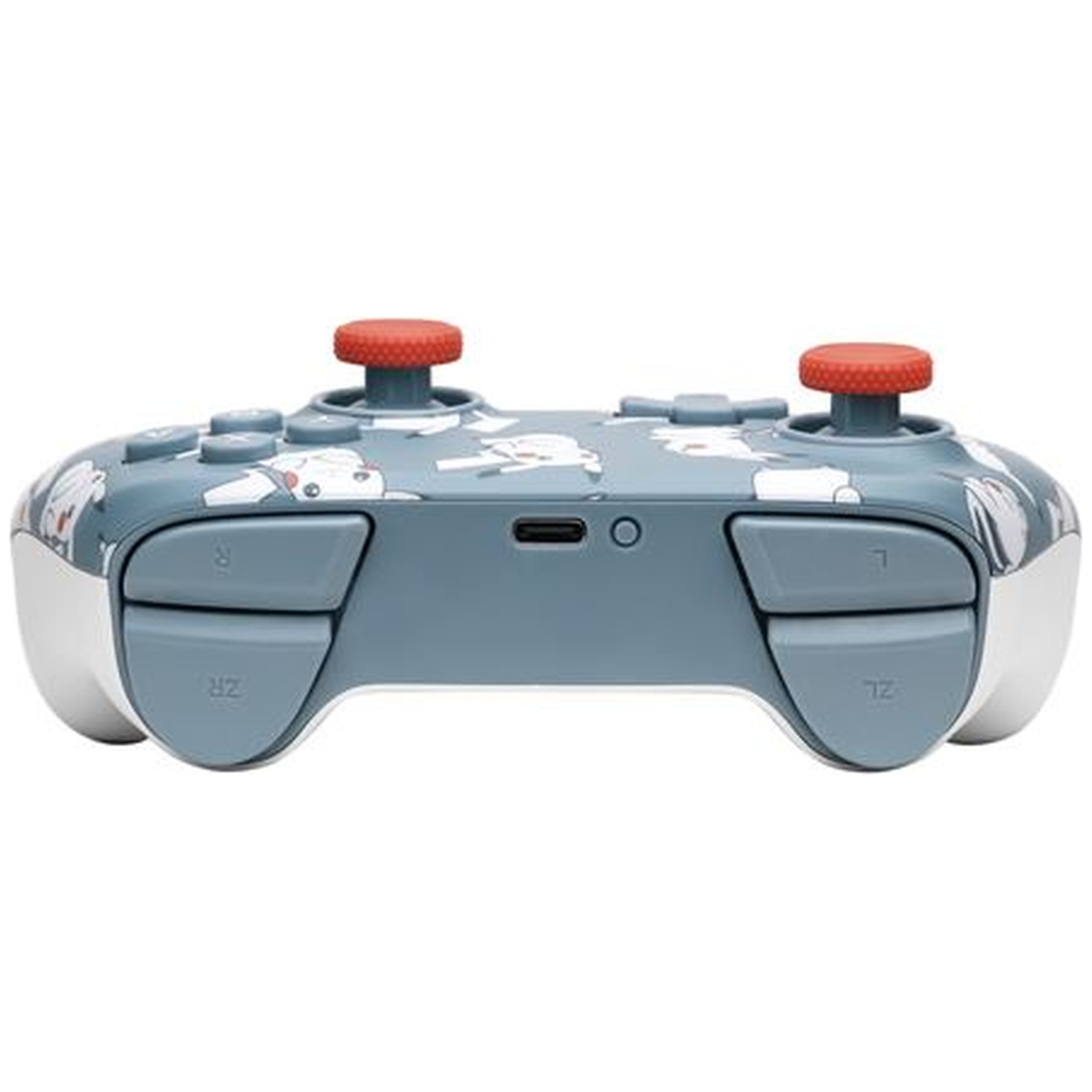 Blue game controller with gray patterns, red thumbsticks, and a USB-C port.