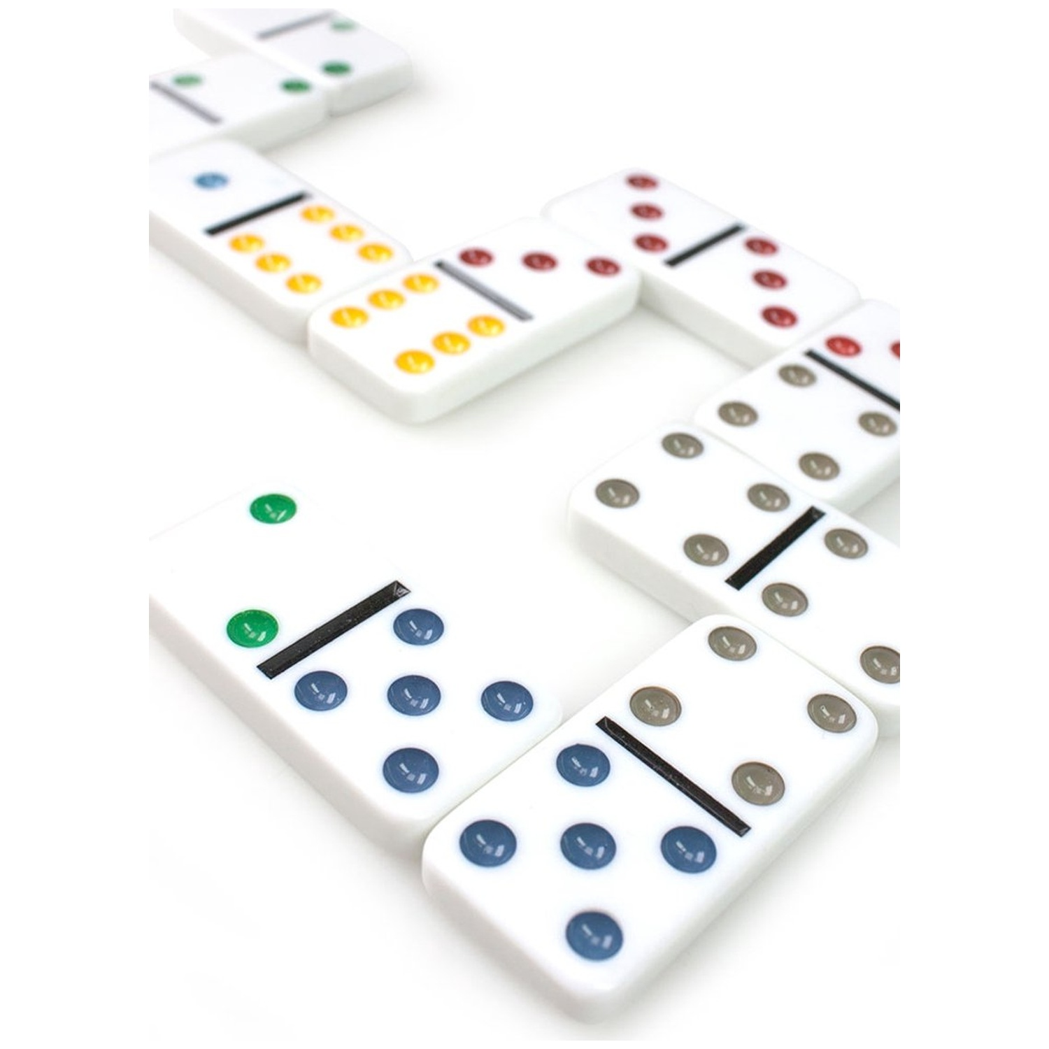 White domino tiles with colored dots are arranged on a white background.