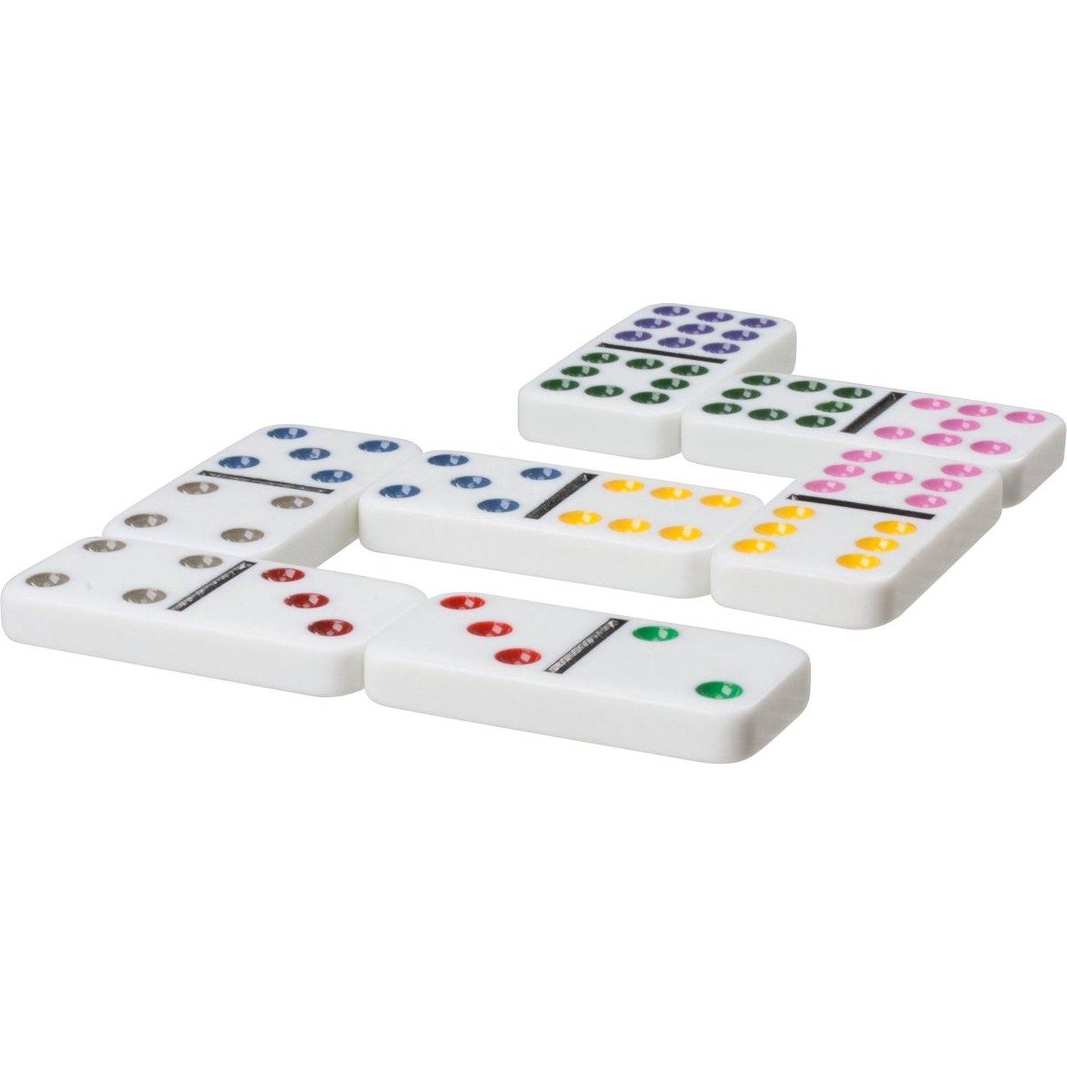 White dominoes with colorful dots arranged on a white background.