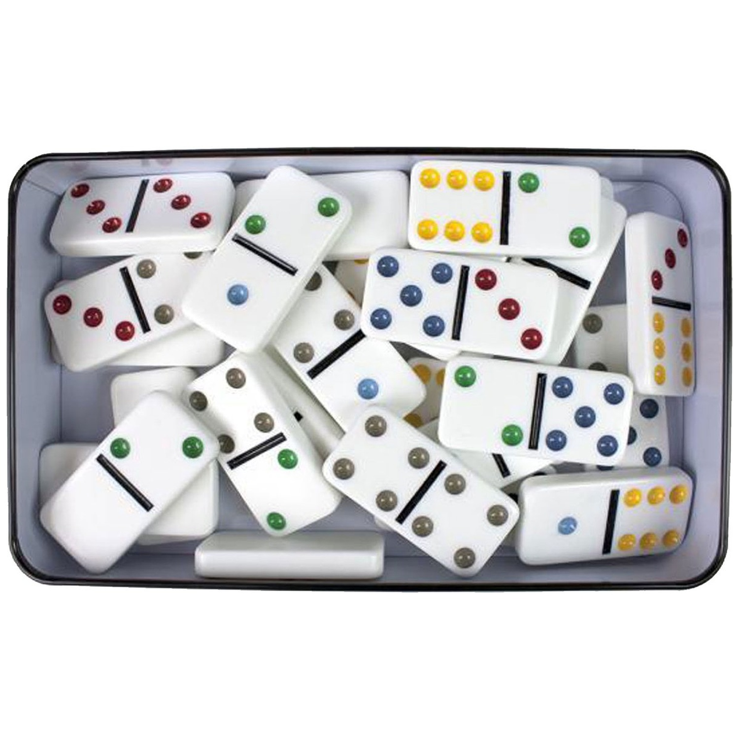 A rectangular metal tin filled with white dominoes featuring colorful dots.