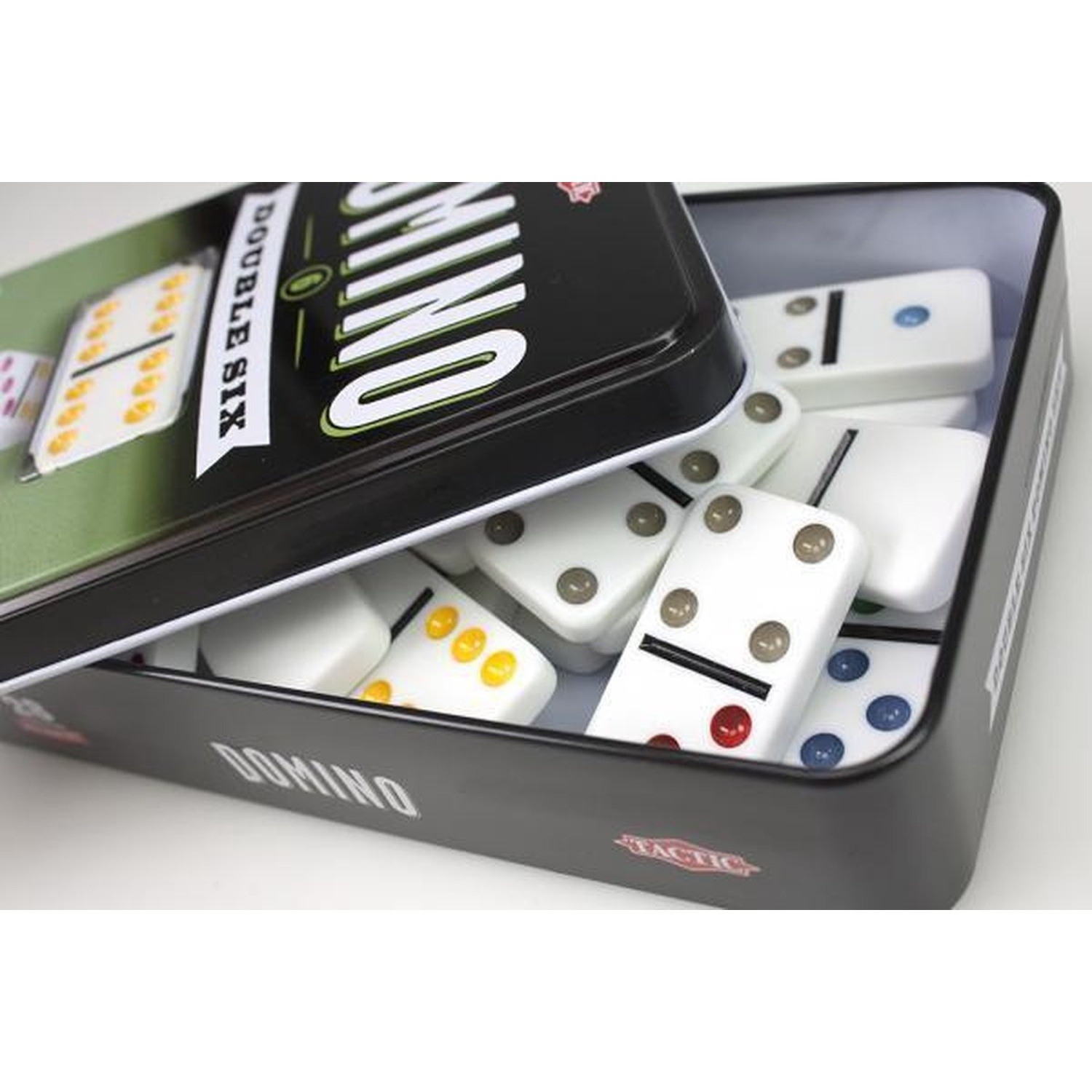 An open black metal box filled with white domino tiles with colored dots.