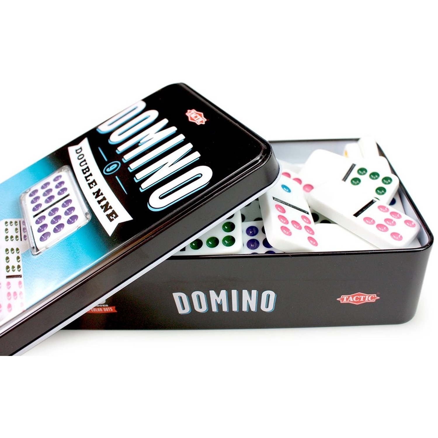 A black metal tin filled with domino pieces featuring colored dots, placed on a white background.