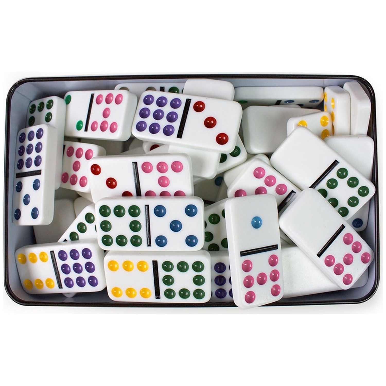 A tin box filled with white dominoes featuring colorful dots.