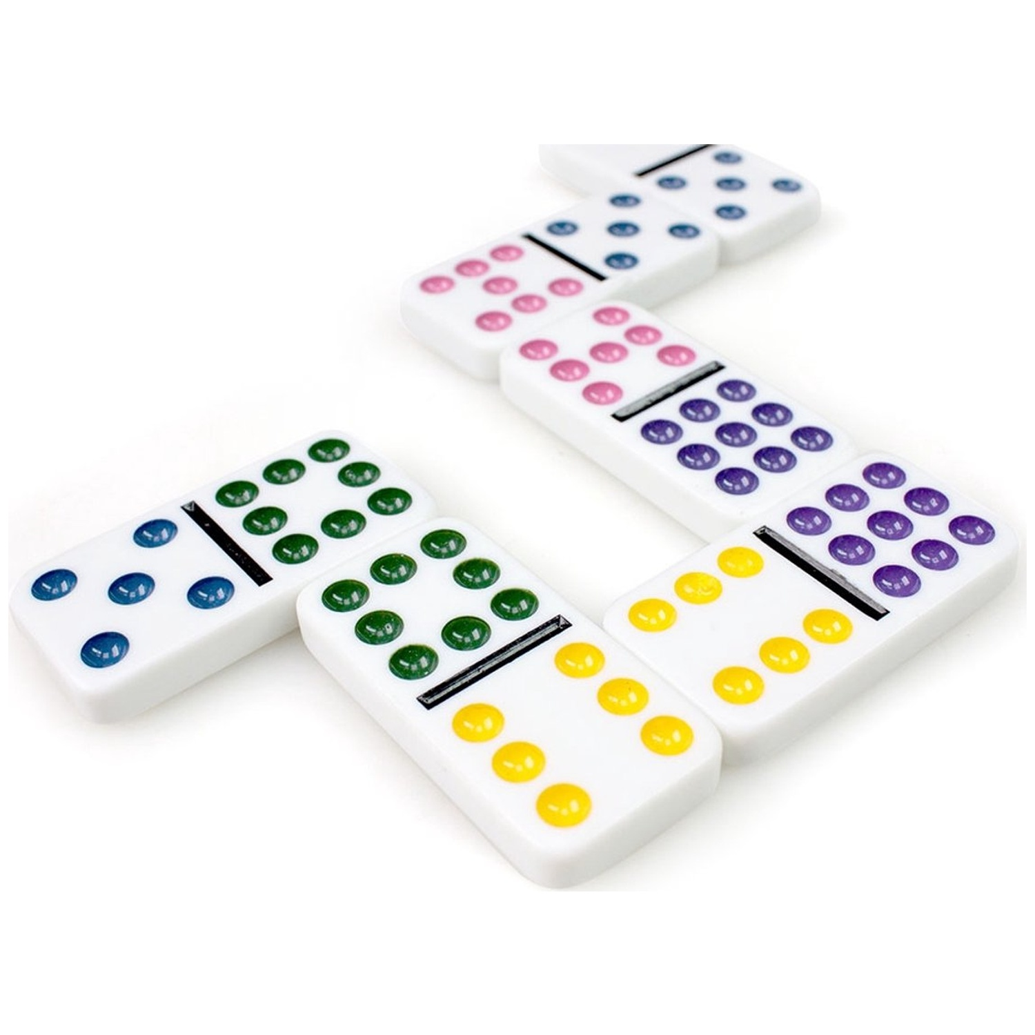 White dominoes with colorful, indented pips in blue, green, pink, purple, and yellow arranged on a white background.