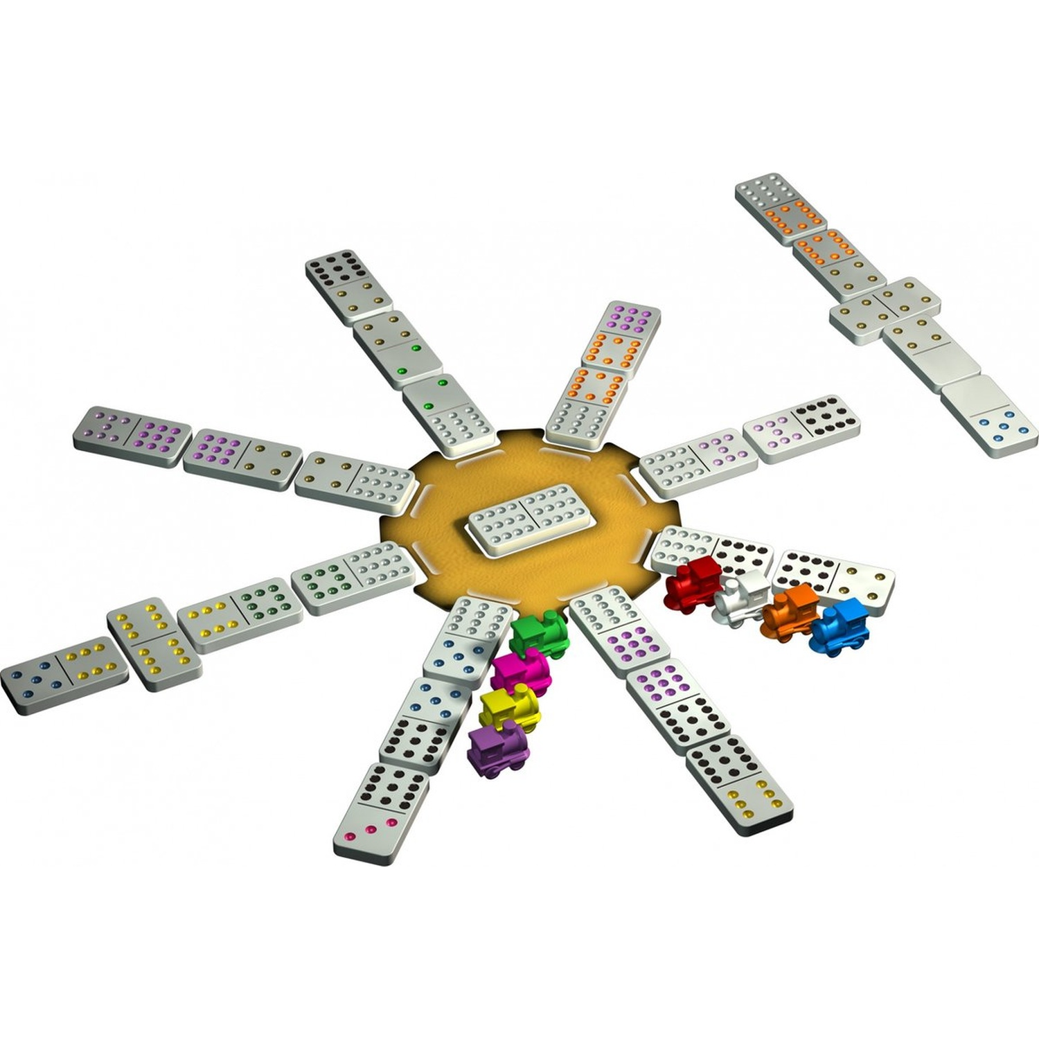 A Mexican Train dominoes game with colorful trains arranged in a circle on a white background.