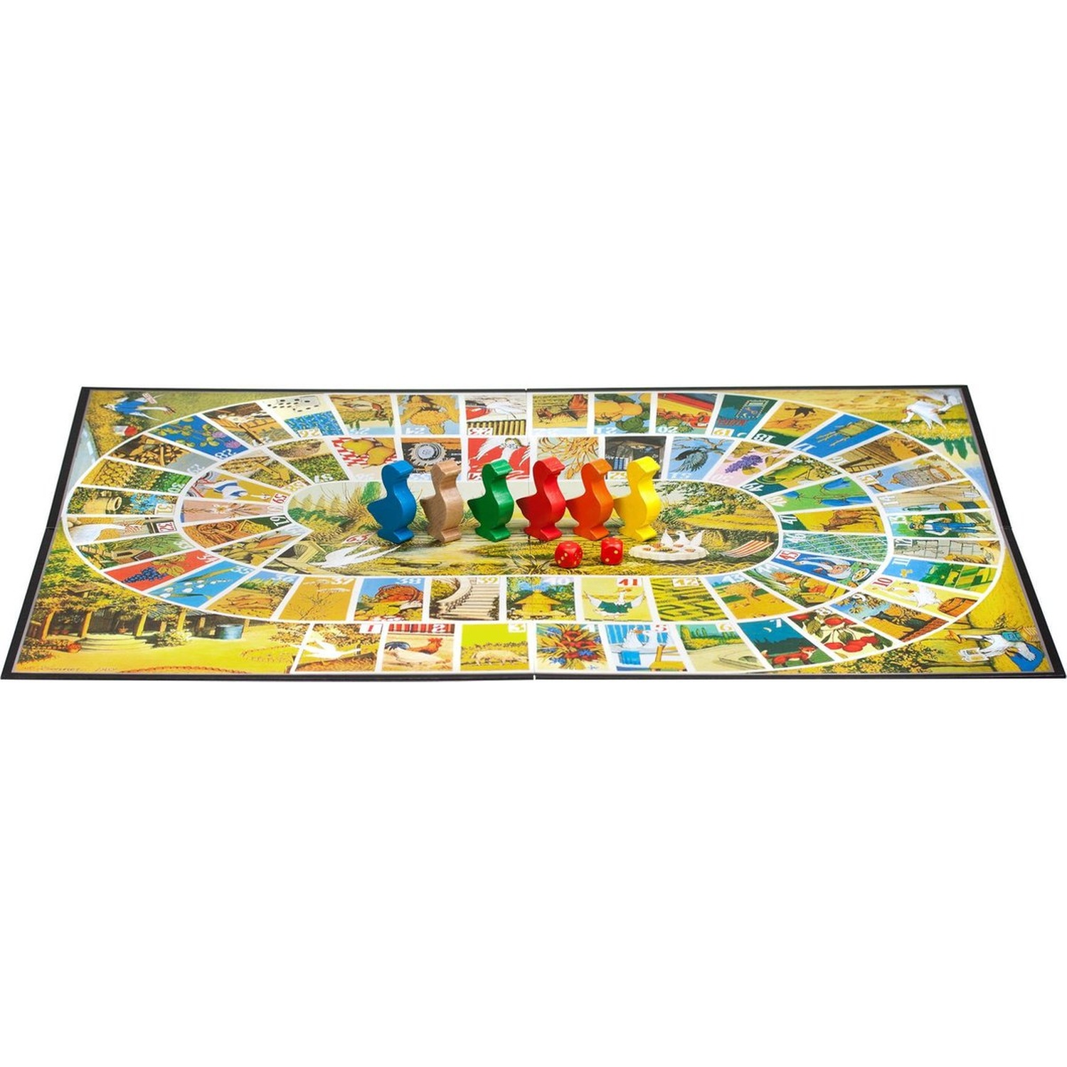A colorful board game with an oval track, multicolored wooden figures, and two red dice in the center.