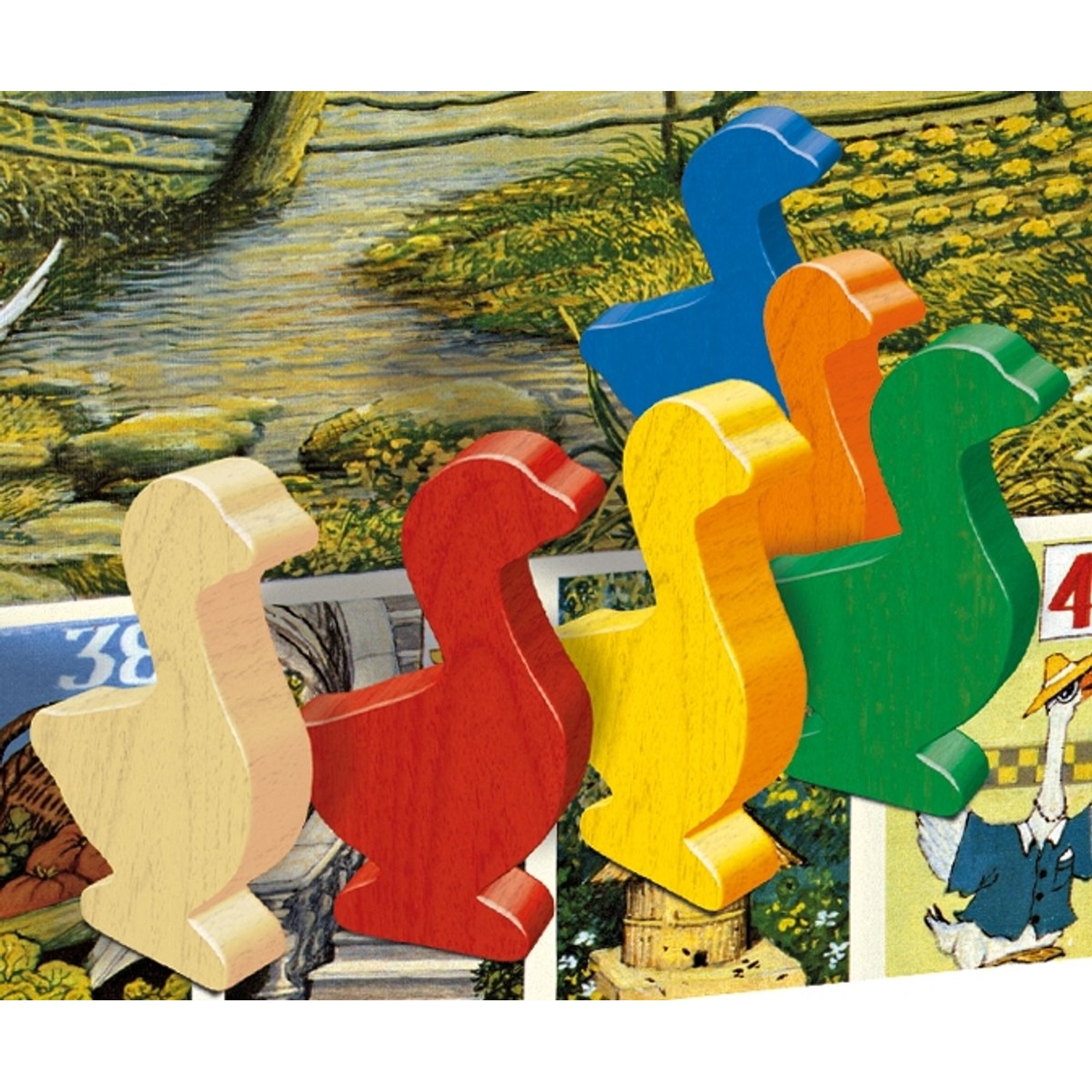 Colorful wooden duck game pieces stand in front of a colorful background.