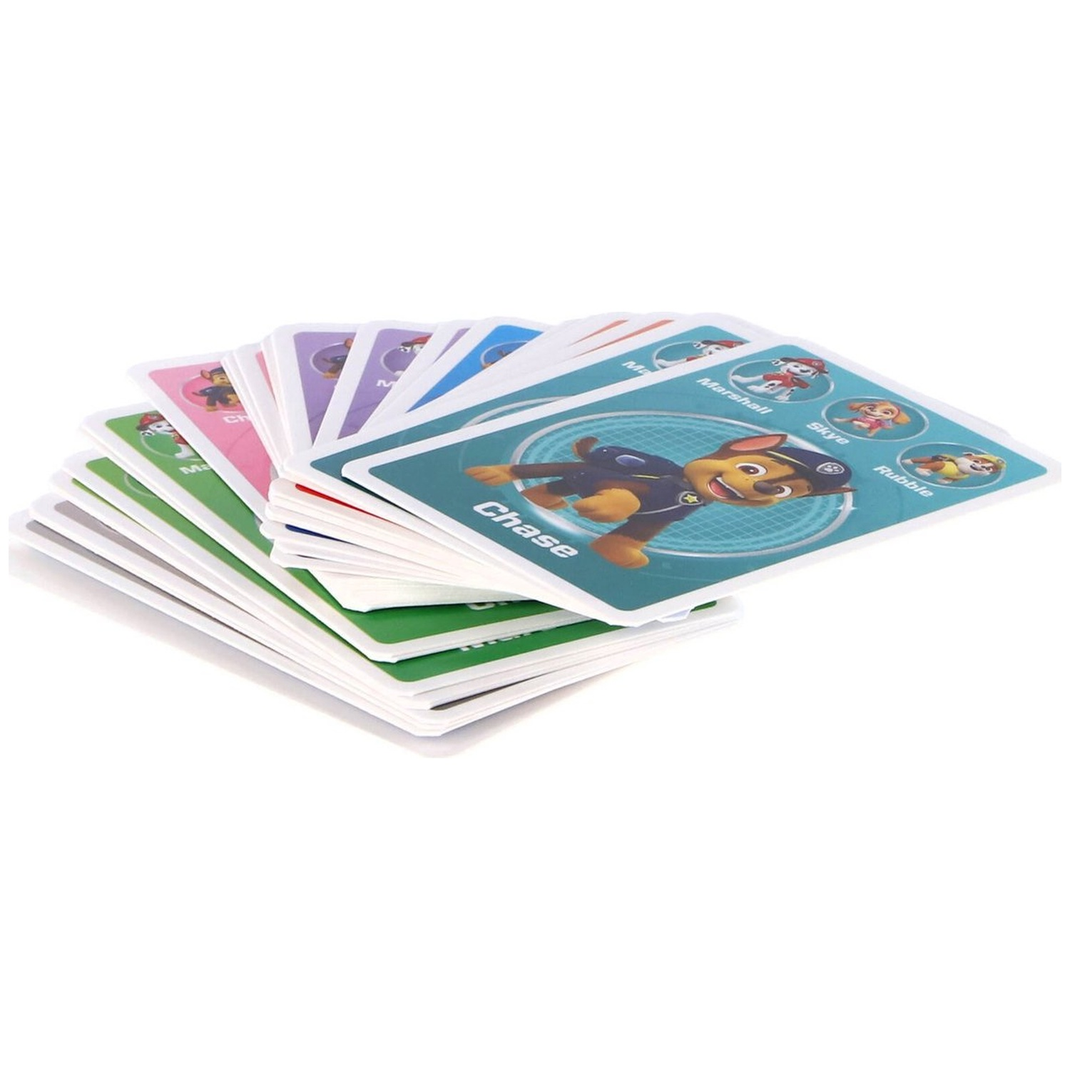 A stacked set of colorful Paw Patrol playing cards on a white background.