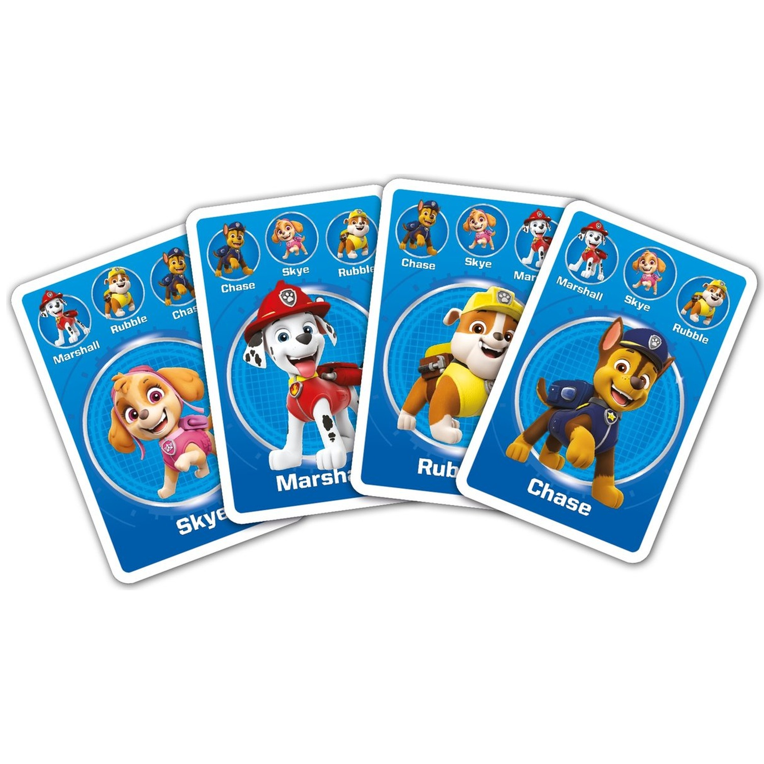 Four blue Paw Patrol cards featuring characters Skye, Marshall, Rubble, and Chase.