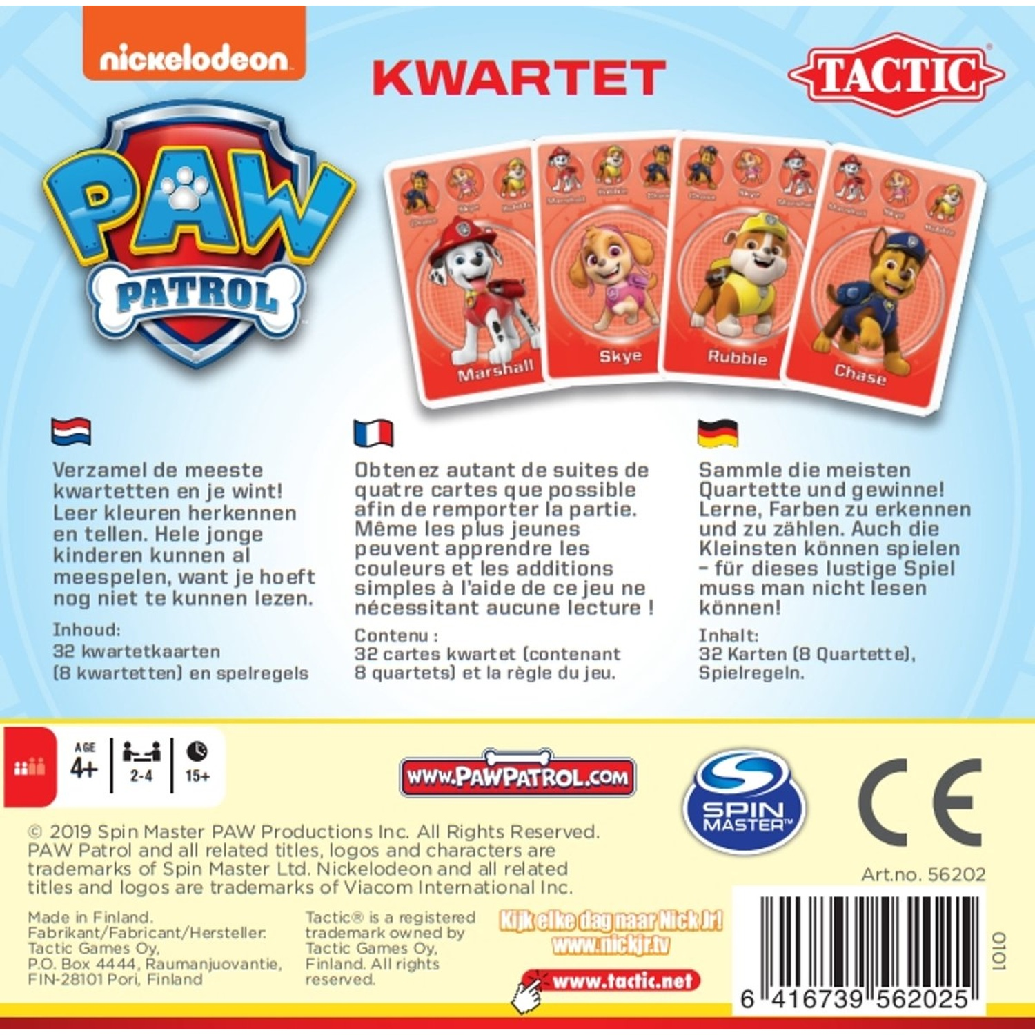 Paw Patrol card game box back featuring characters, rules, and logos in Dutch, French, and German.
