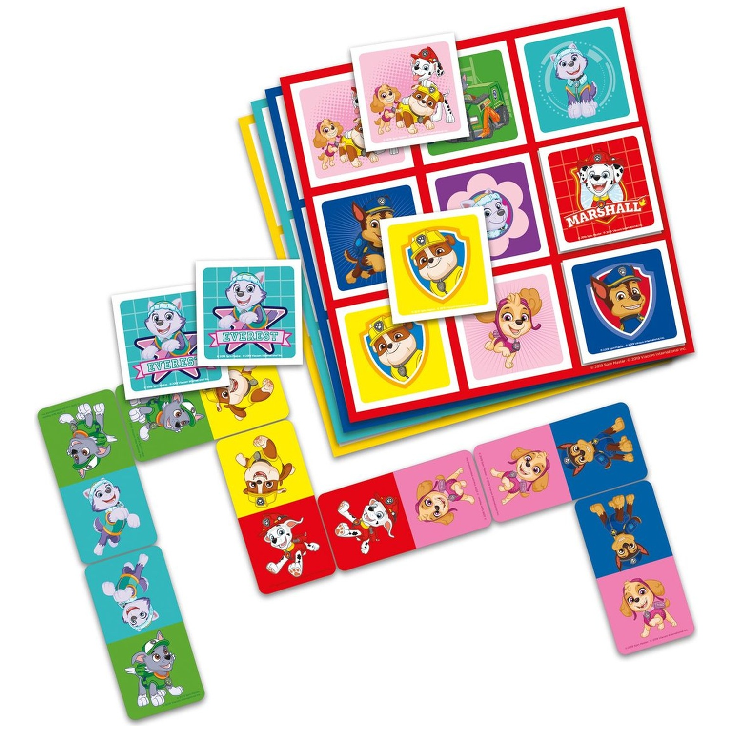 Paw Patrol board game featuring colorful dominoes and character cards.