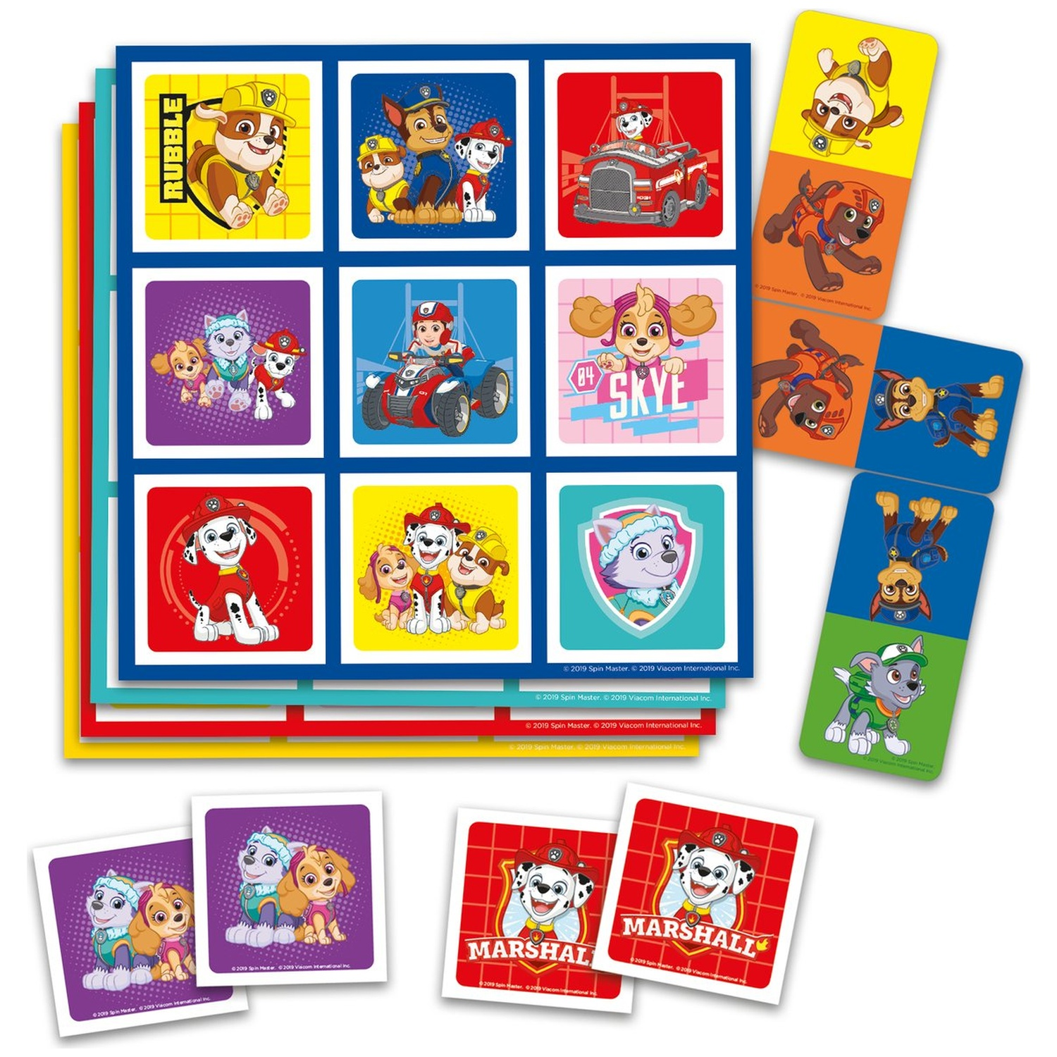 Paw Patrol sticker sheet and colorful cards featuring characters like Chase and Marshall on white background.