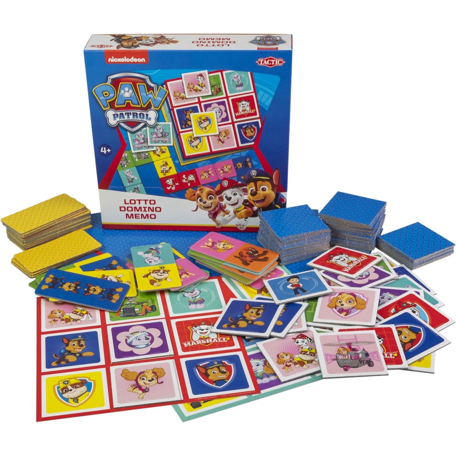 Paw Patrol board game with box, game boards, and colorful cards featuring dog characters.