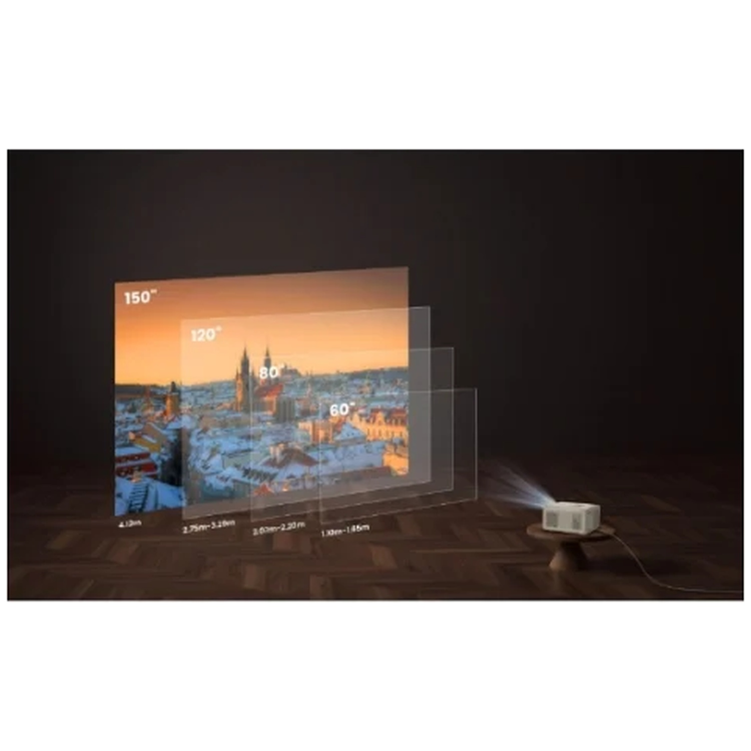 A projector on a small table projects various screen sizes showing a city view onto a wall.