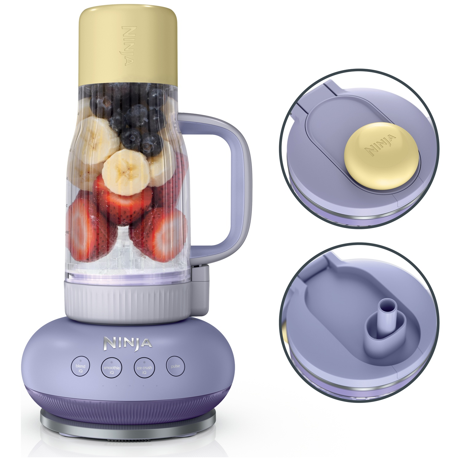 Blender Ninja violet et doré avec fraises, bananes et myrtilles, et deux gros plans des détails du couvercle.