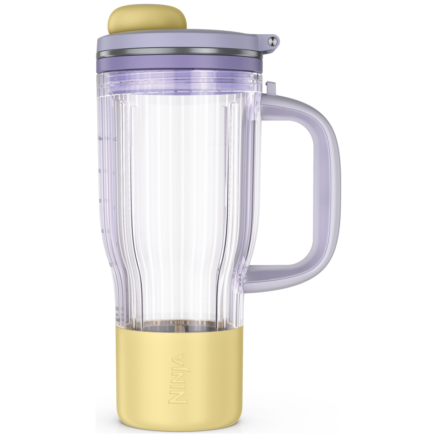 Un gobelet Ninja transparent avec une base et un couvercle jaunes, et une poignée violette.