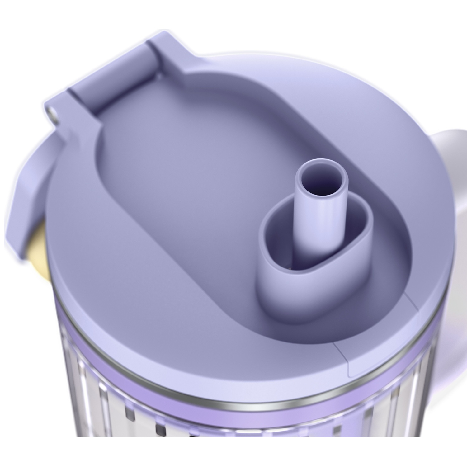 Gros plan sur un couvercle de tasse violet clair avec une paille verticale et un mécanisme de pliage sur fond blanc.