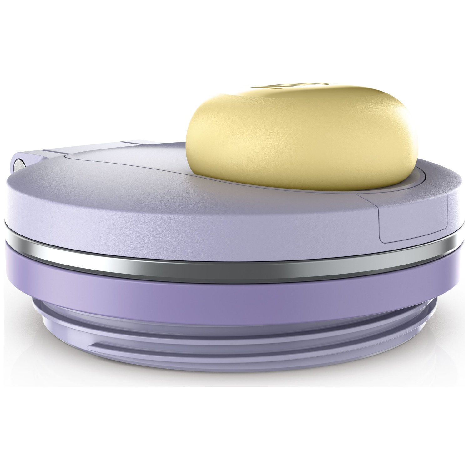 Un porte-savon rond et violet avec un pain de savon jaune dessus, sur fond blanc.