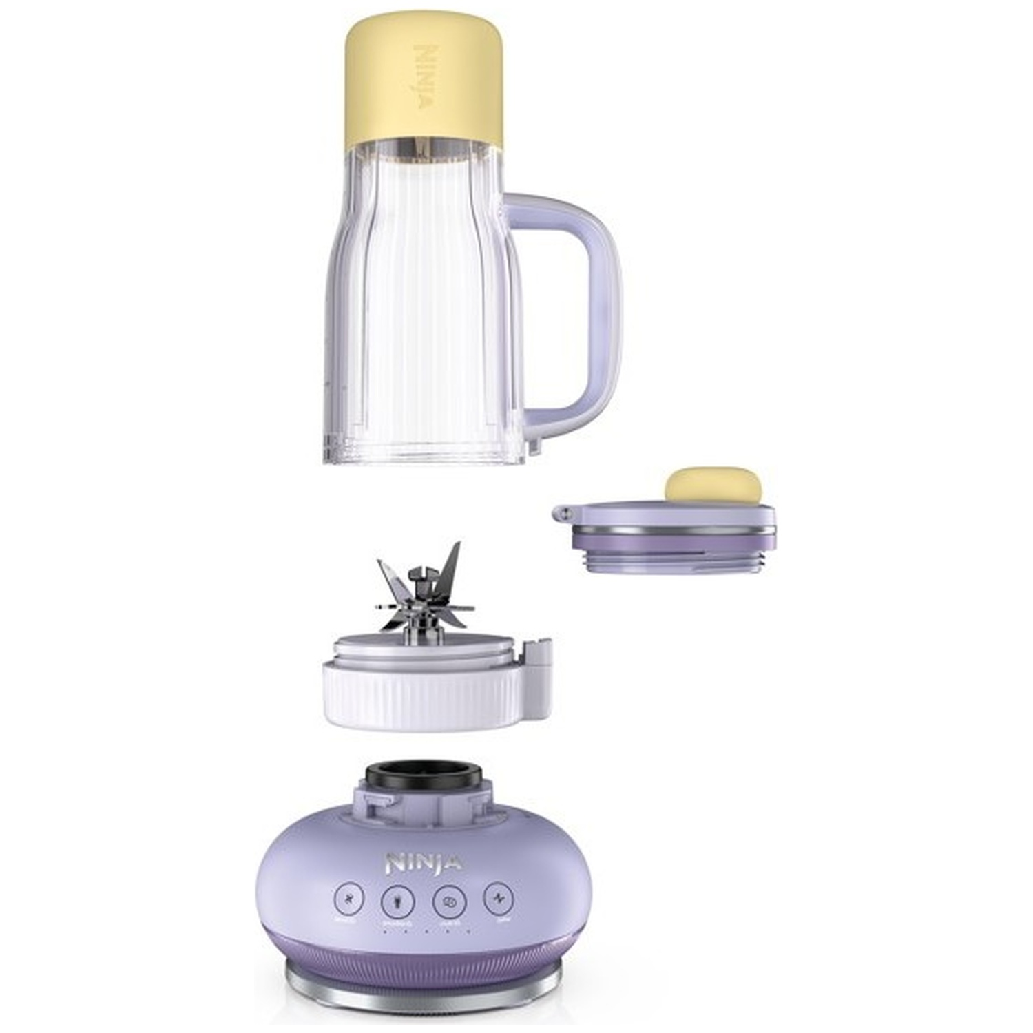 Blendeur Ninja violet et jaune avec tasse, lames et base séparées.