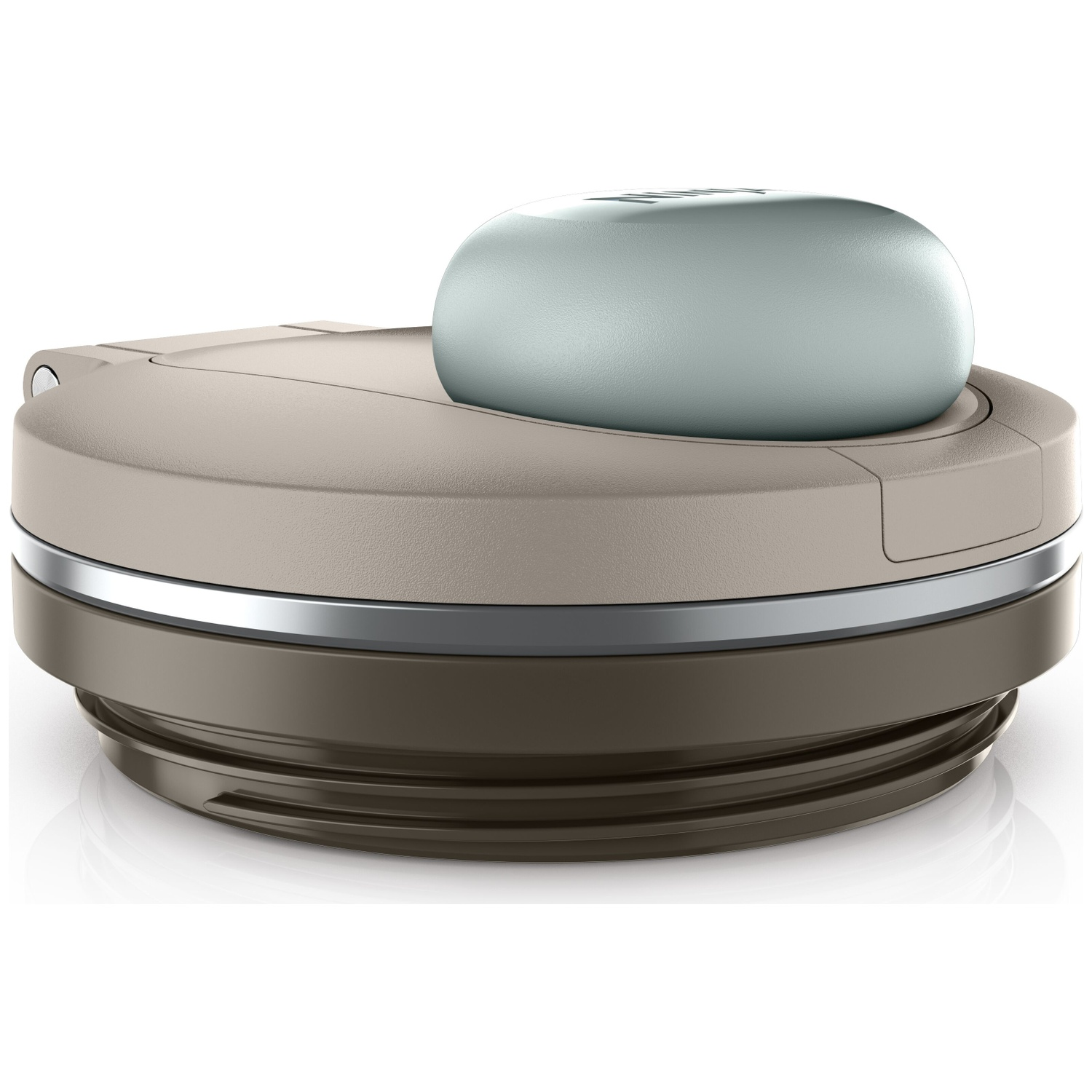 Un récipient rond marron avec un couvercle beige-gris, une bande argentée et une poignée bleu clair.