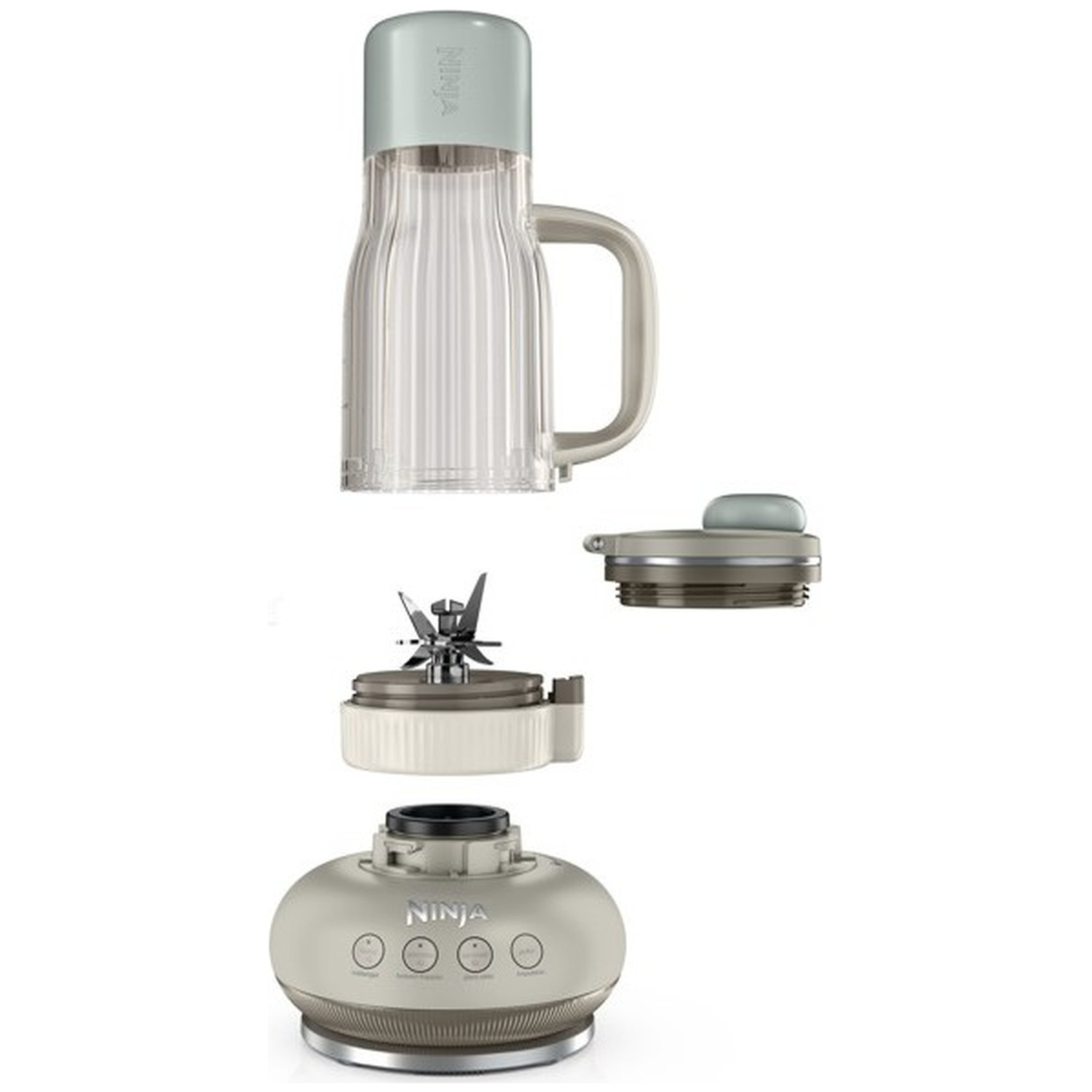Vue éclatée d'un blender Ninja vert avec gobelet, bloc lames, couvercle et base sur fond blanc.