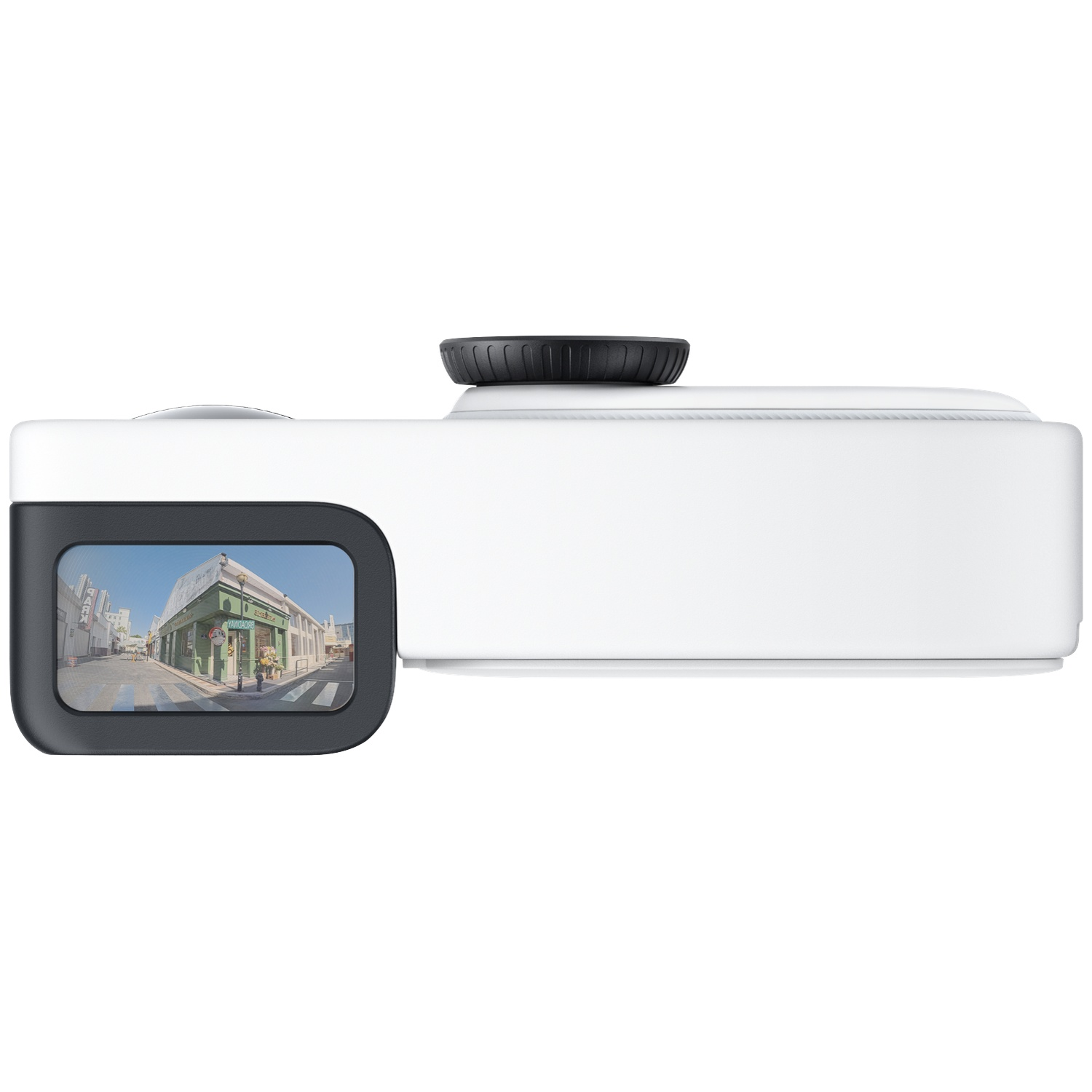 A white action camera with a black lens cap and screen showing a street view on a white background.
