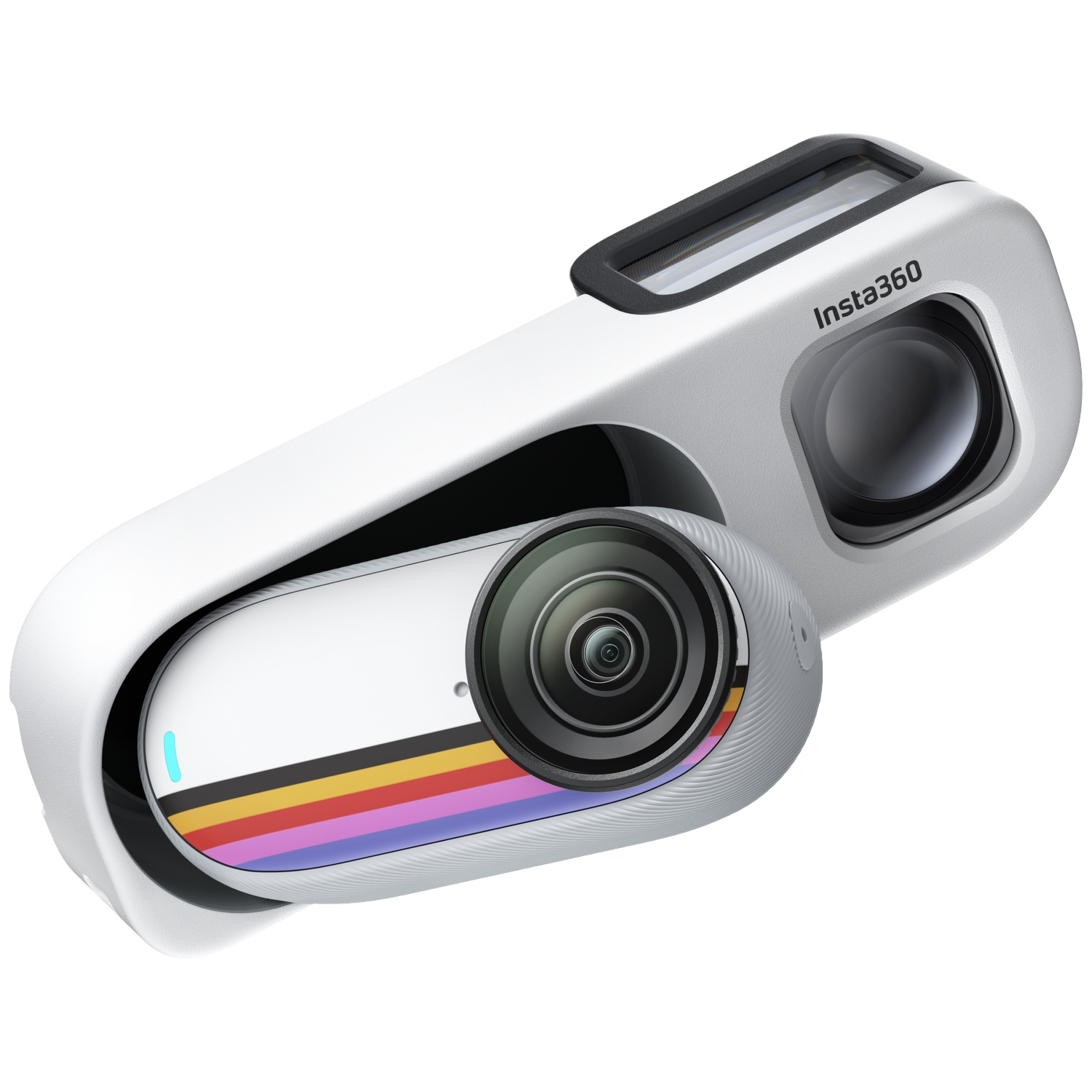 A white Insta360 camera with a detachable lens and colorful stripes against a plain white background.