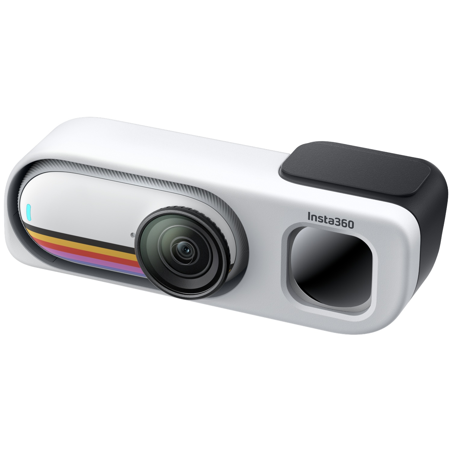 A white Insta360 camera with a large black lens, colorful stripes, and a small screen on a white surface.