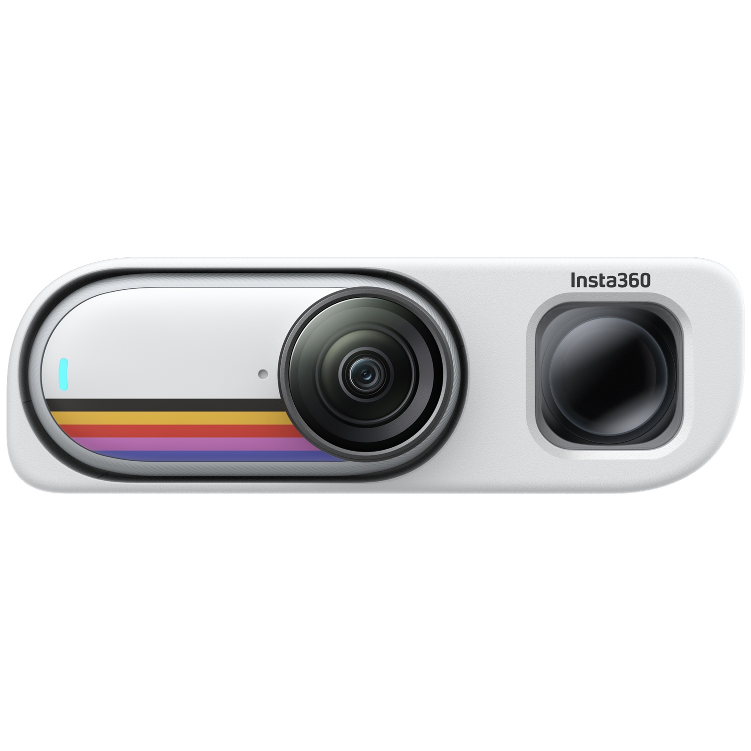 White Insta360 camera featuring two lenses and colorful stripes on a white background.