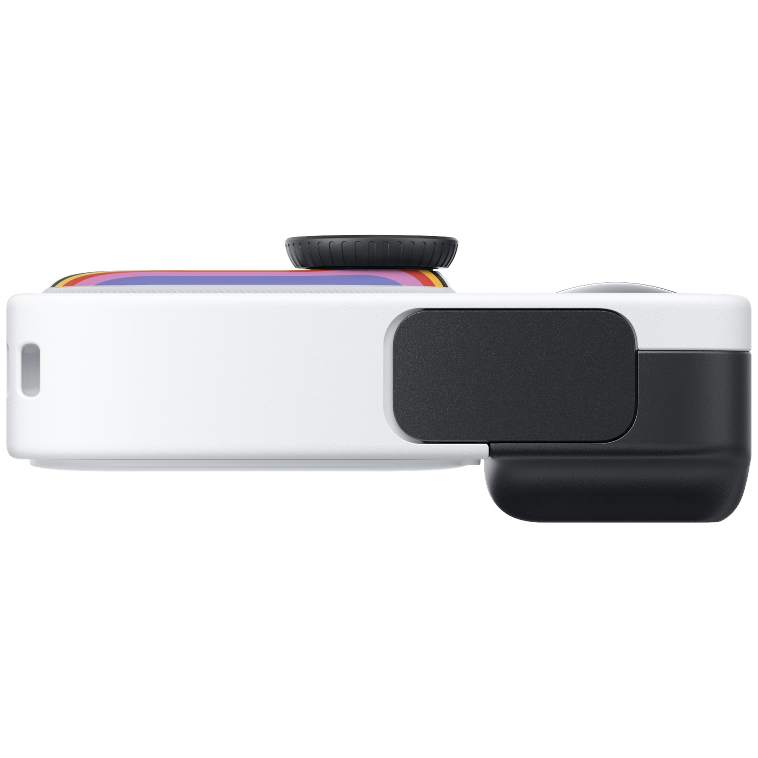 Side view of a white action camera with a black grip and colorful stripes.