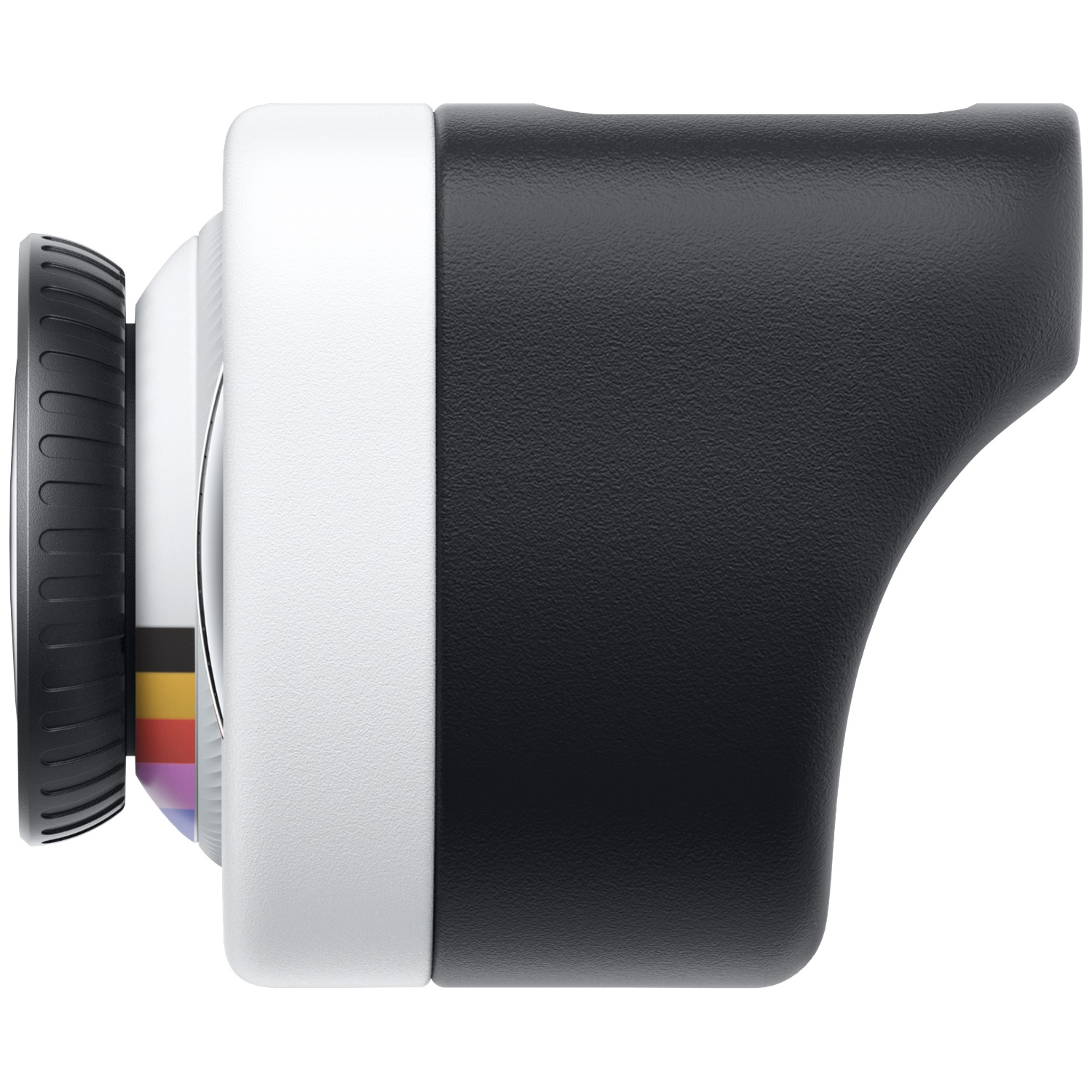 Side view of a modern black and white device featuring a colorful stripe and a ribbed lens.