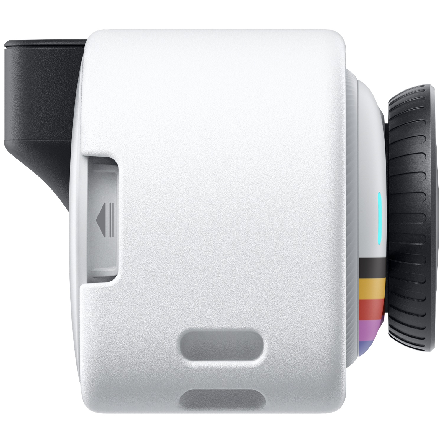 Side view of a white camera with a black lens and colorful stripes.