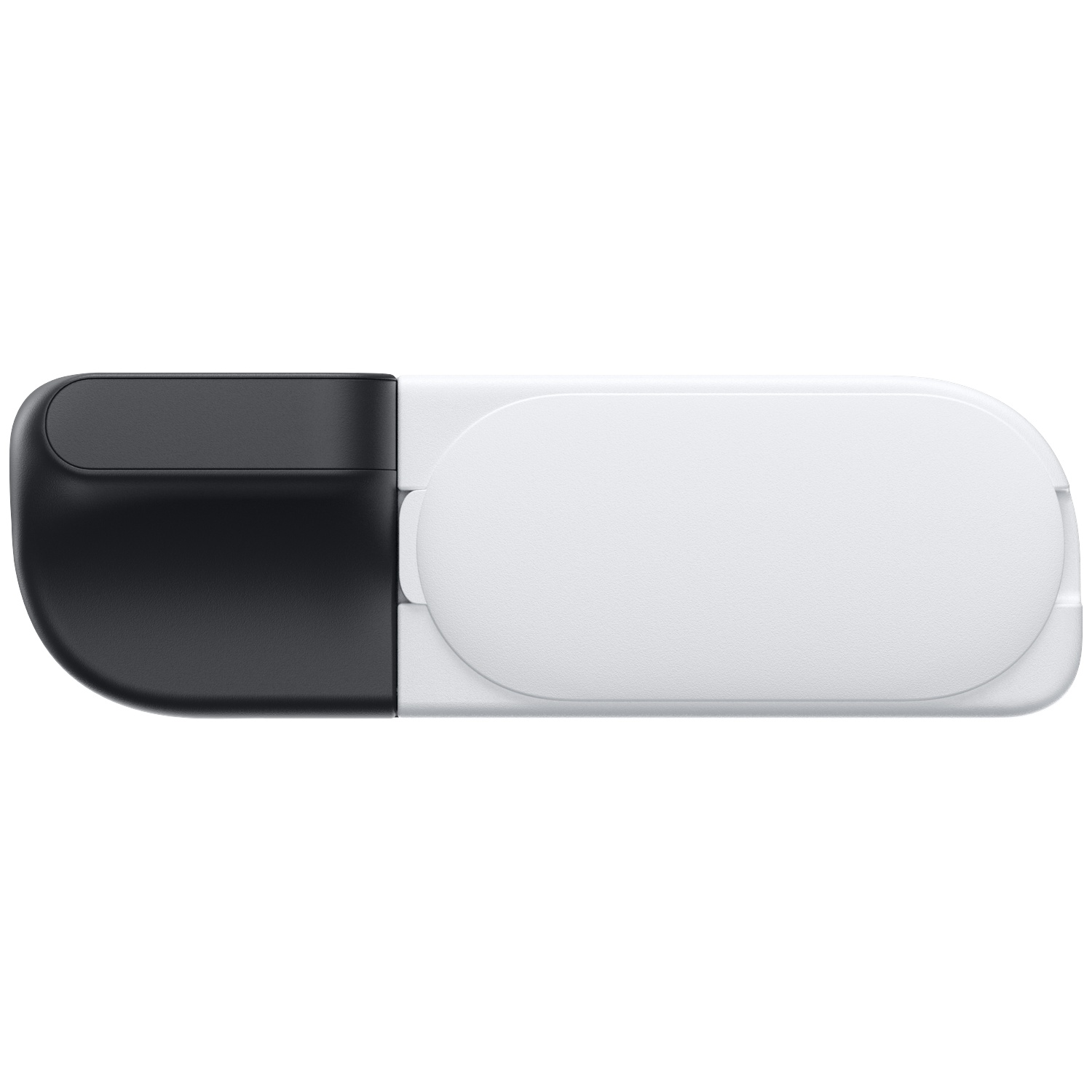 An elongated white and black device with rounded corners against a white background.