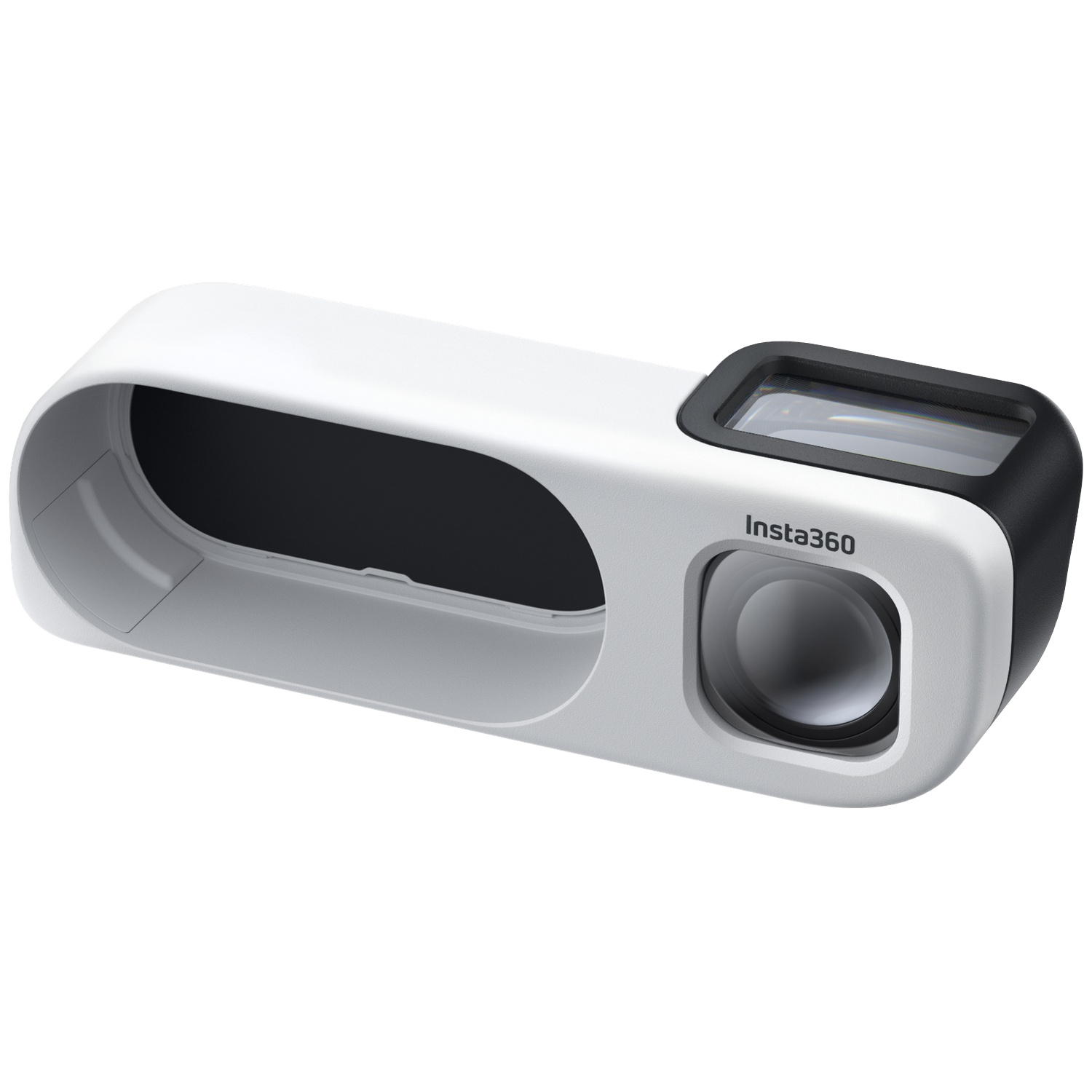 A white Insta360 camera with black accents and rounded edges, presented against a plain white background.