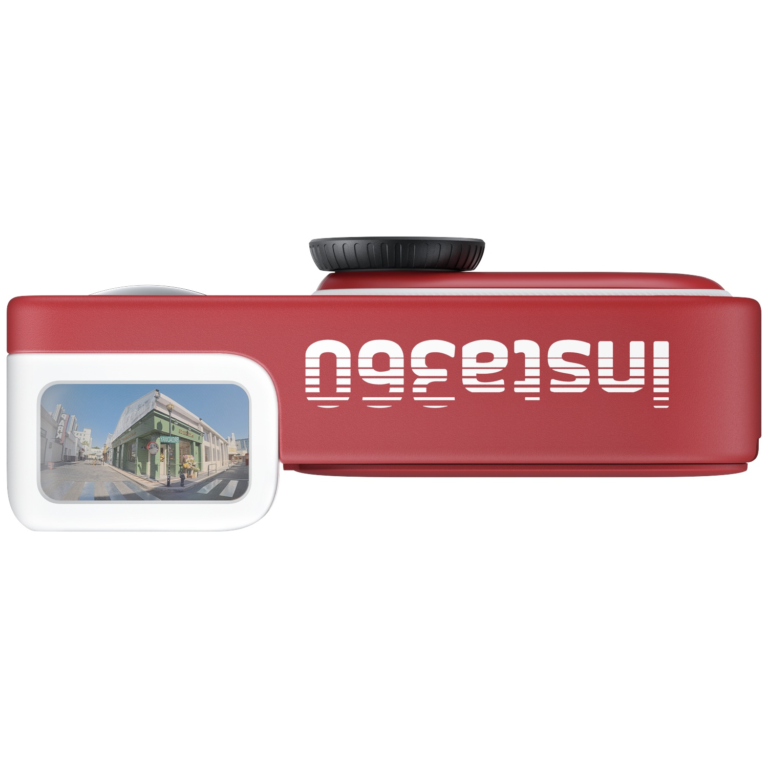 Red and white Insta360 camera featuring an integrated screen displaying a street scene.