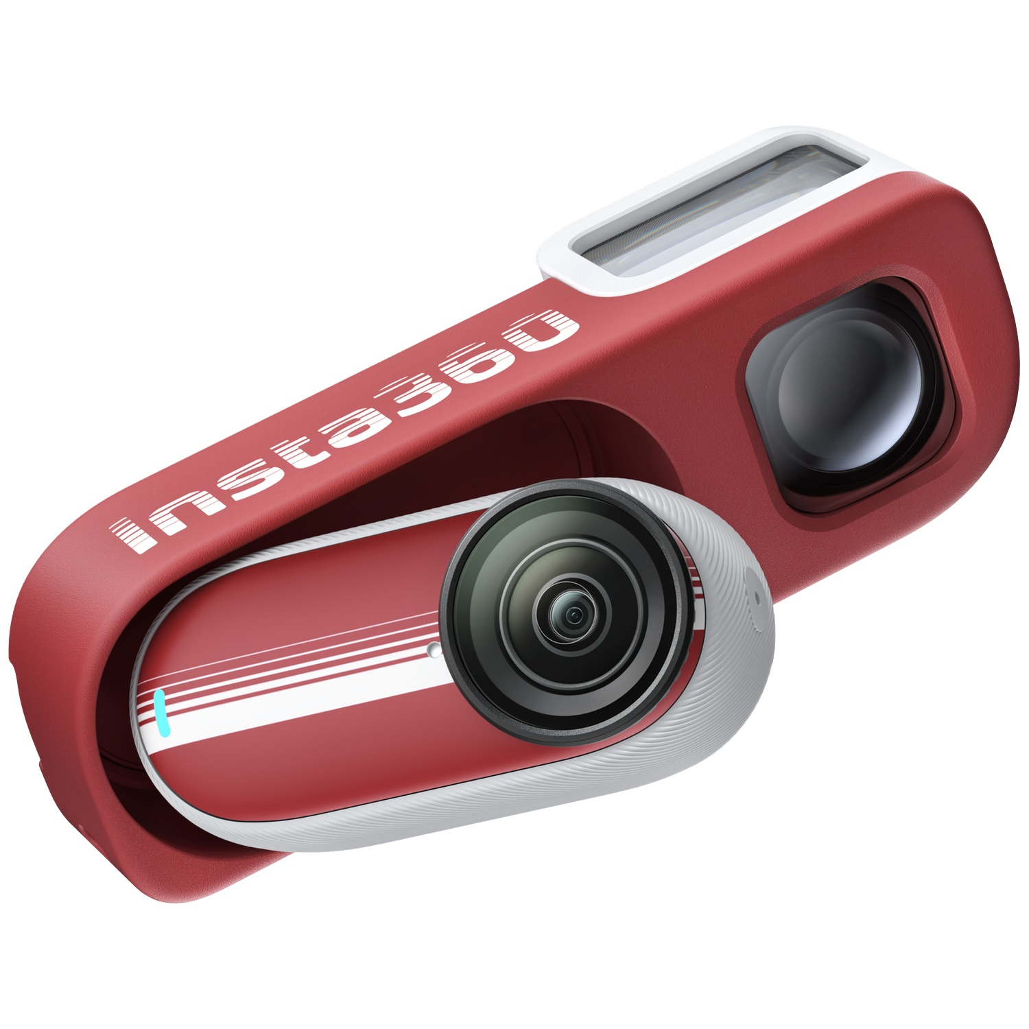 A red Insta360 action camera inside a red case with white text against a white background.