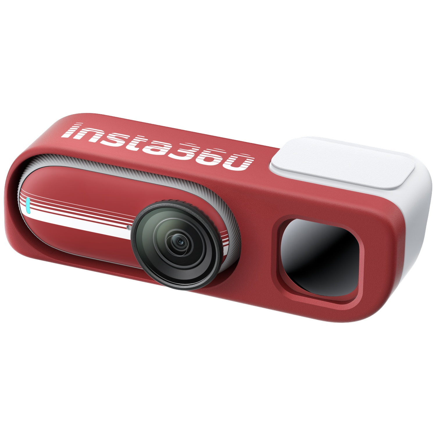 Red Insta360 camera in a red silicone case with white text and a lens on a white background.